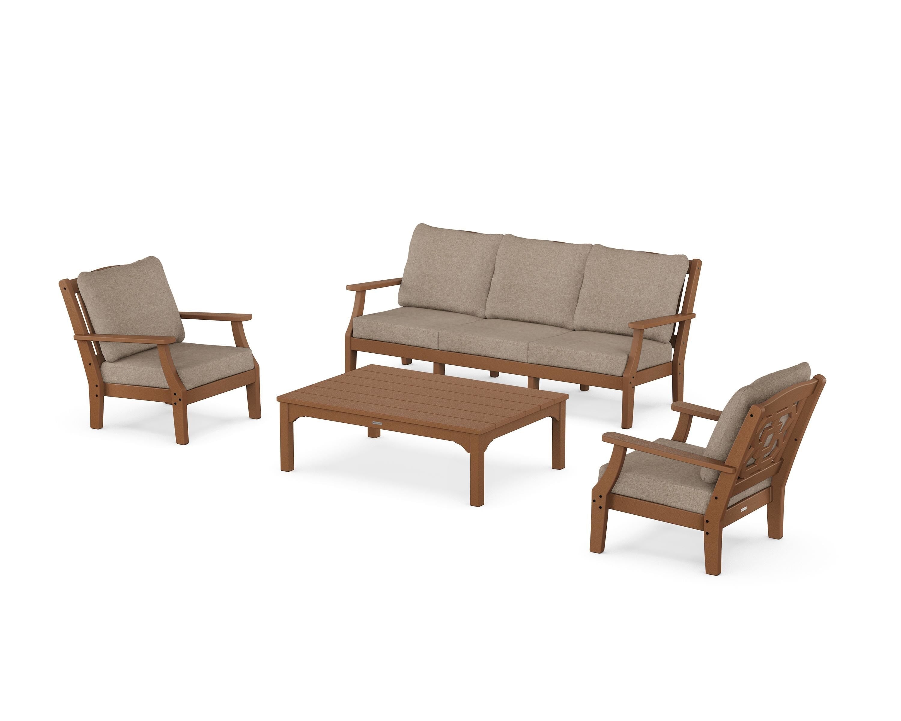 Martha Stewart by POLYWOOD Chinoiserie 4-Piece Deep Seating Set with Sofa in Teak / Spiced Burlap