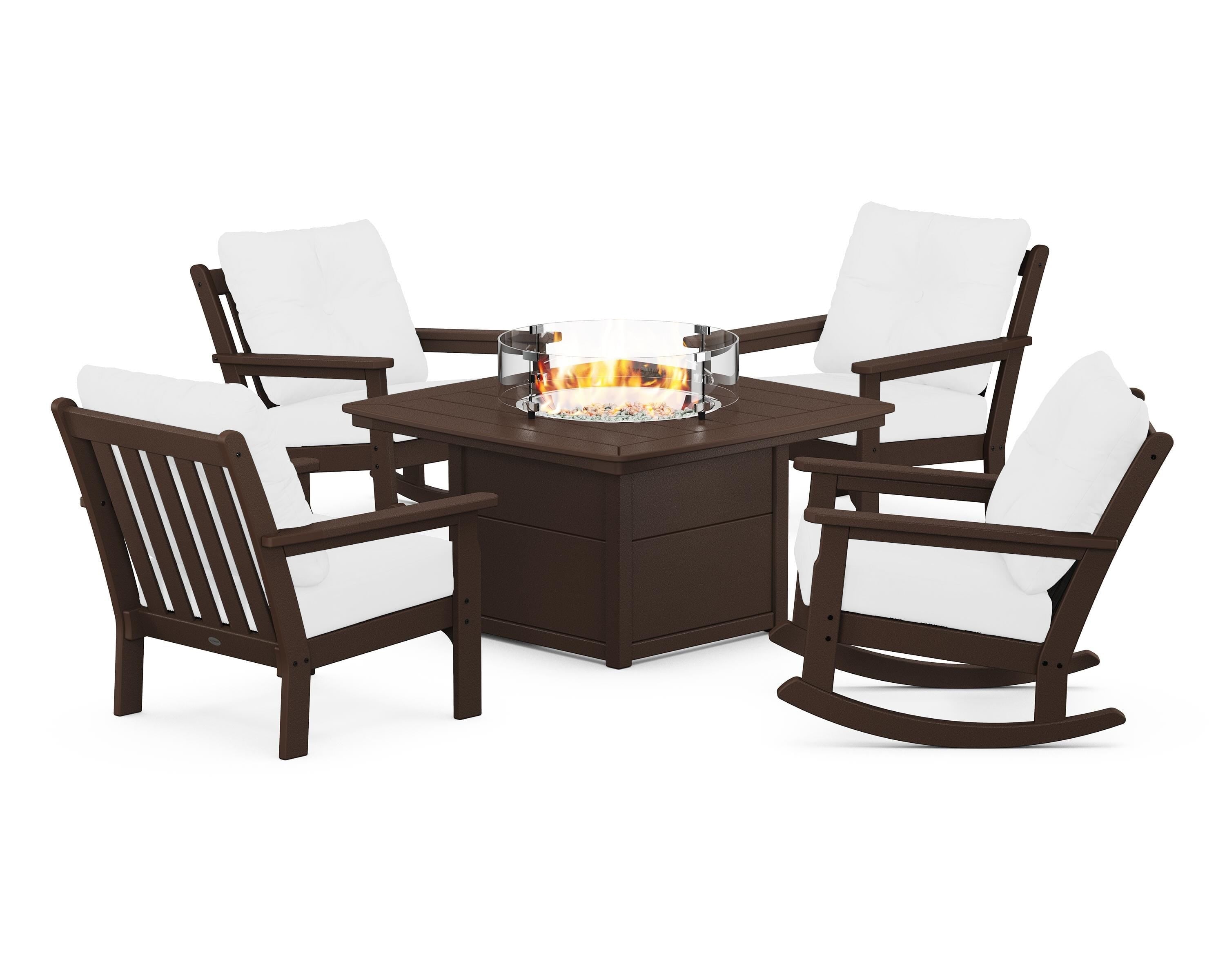 POLYWOOD Vineyard 5-Piece Deep Seating Rocking Chair Conversation Set with Fire Pit Table in Mahogany / Natural
