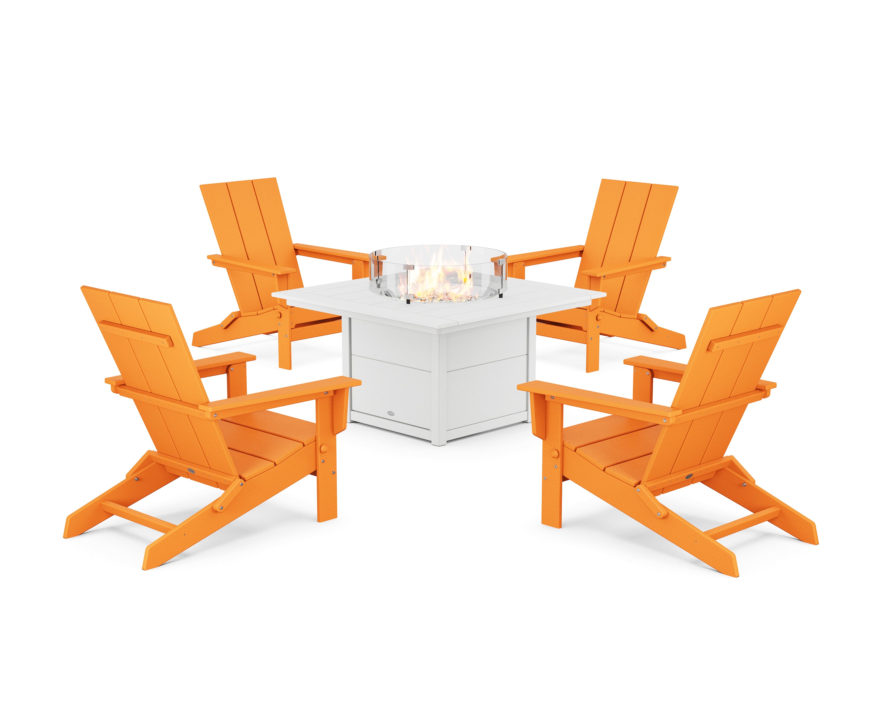 POLYWOOD® 5-Piece Modern Studio Folding Adirondack Conversation Set with Fire Pit Table in Tangerine / White