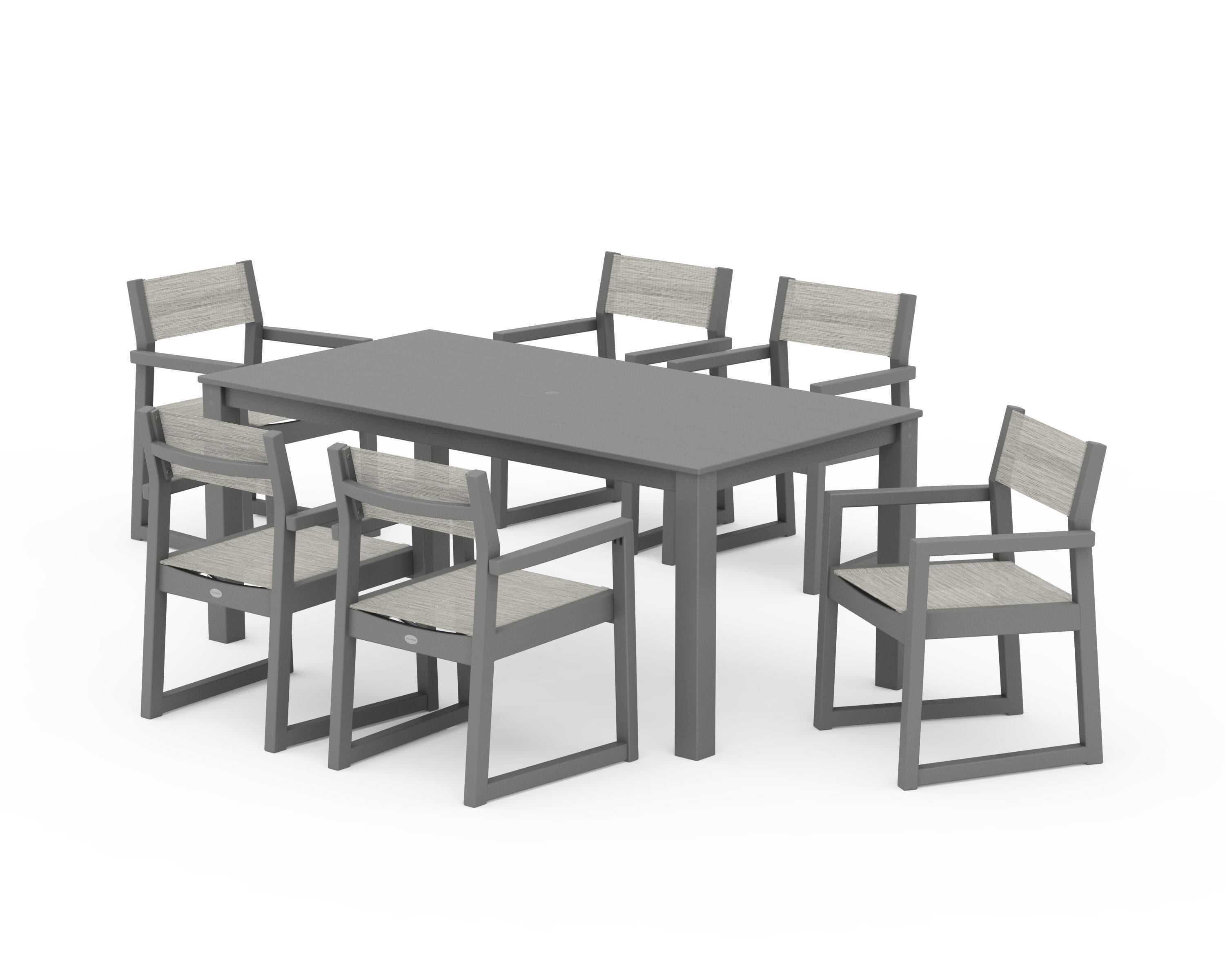 POLYWOOD EDGE Sling Arm Chair 7-Piece Parsons Dining Set in Slate Grey / Birch Sling