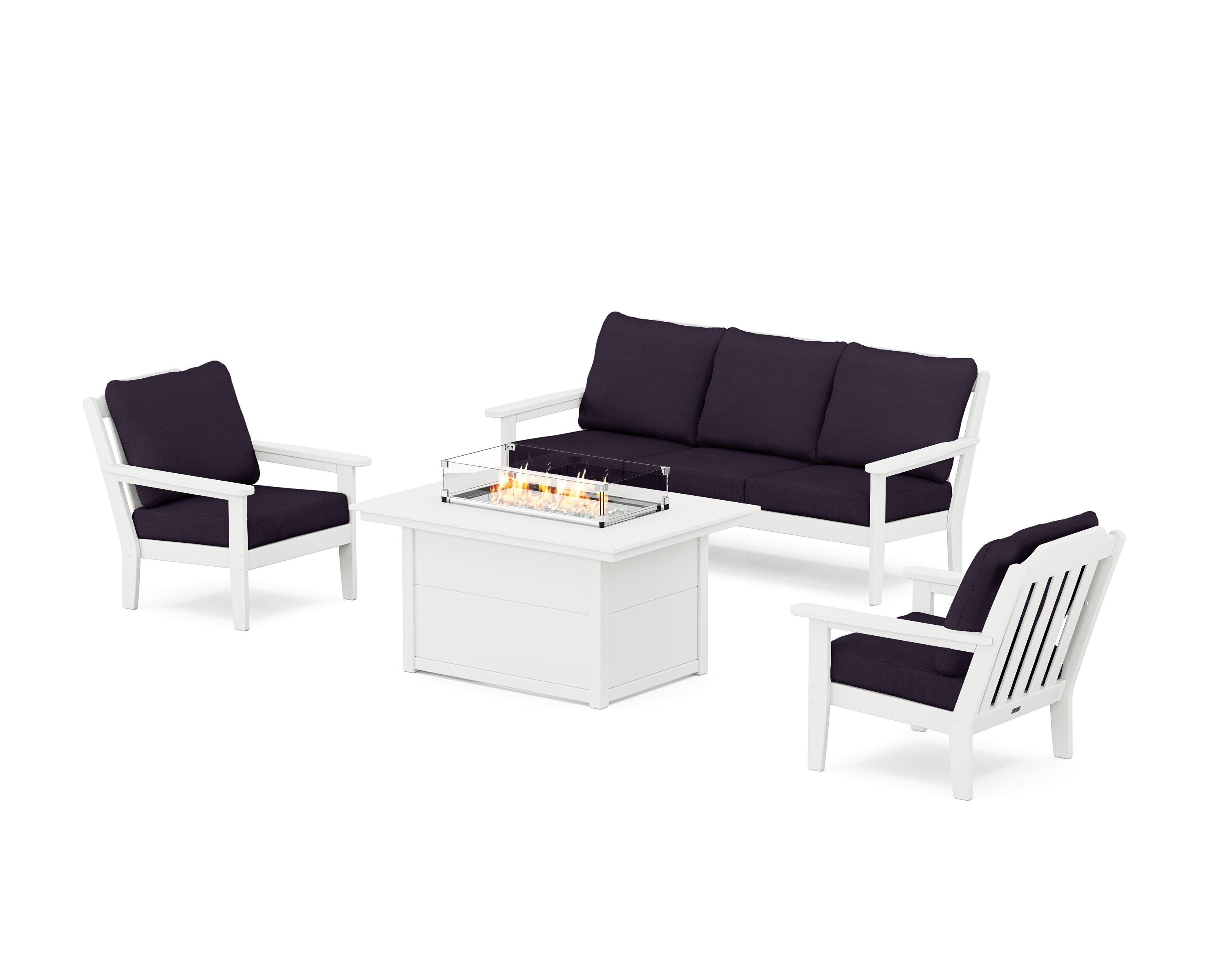 Country Living Cottage Deep Seating Fire Pit Table Set in White / Navy Linen