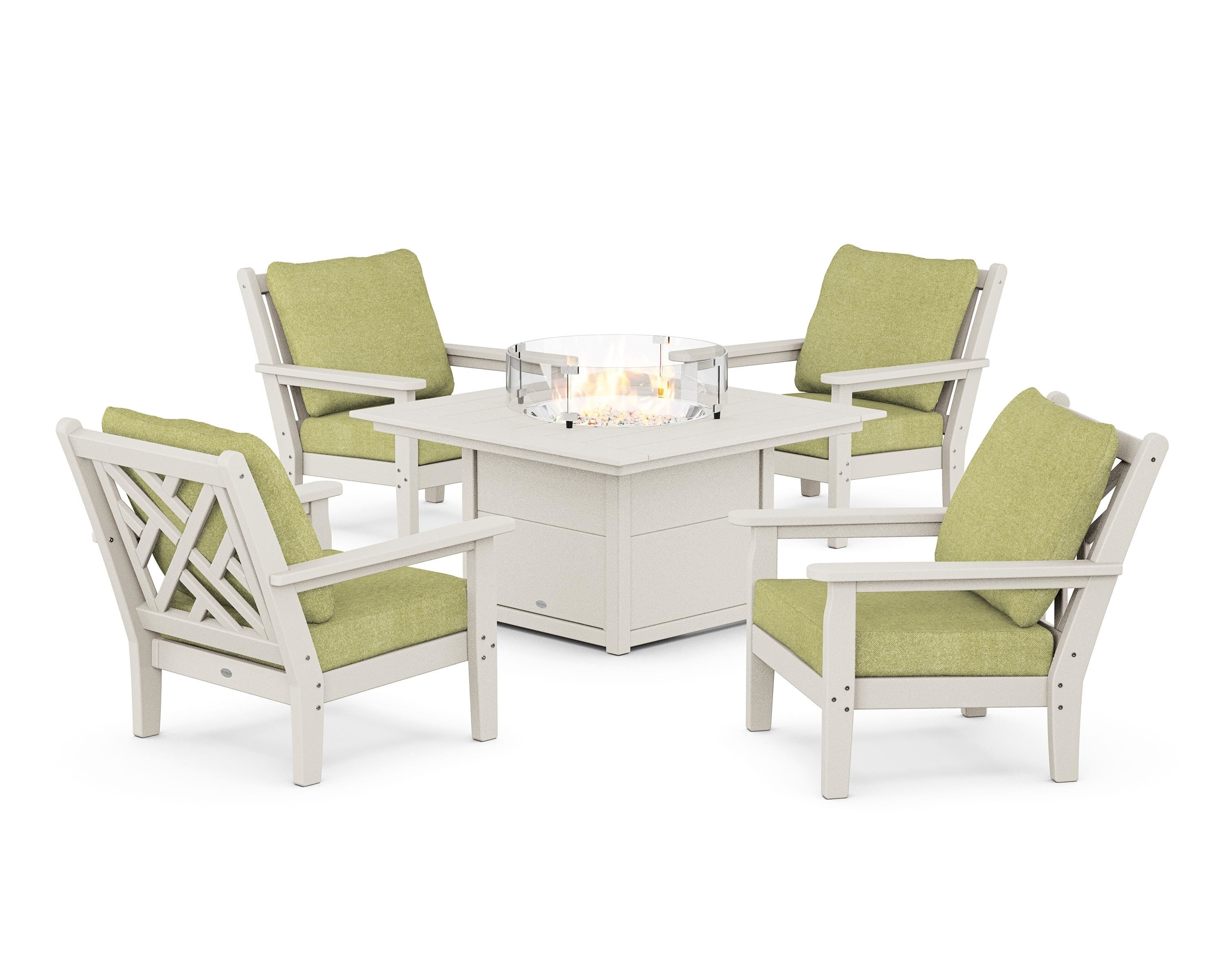 POLYWOOD Chippendale 5-Piece Deep Seating Set with Fire Pit Table in Sand / Chartreuse Boucle