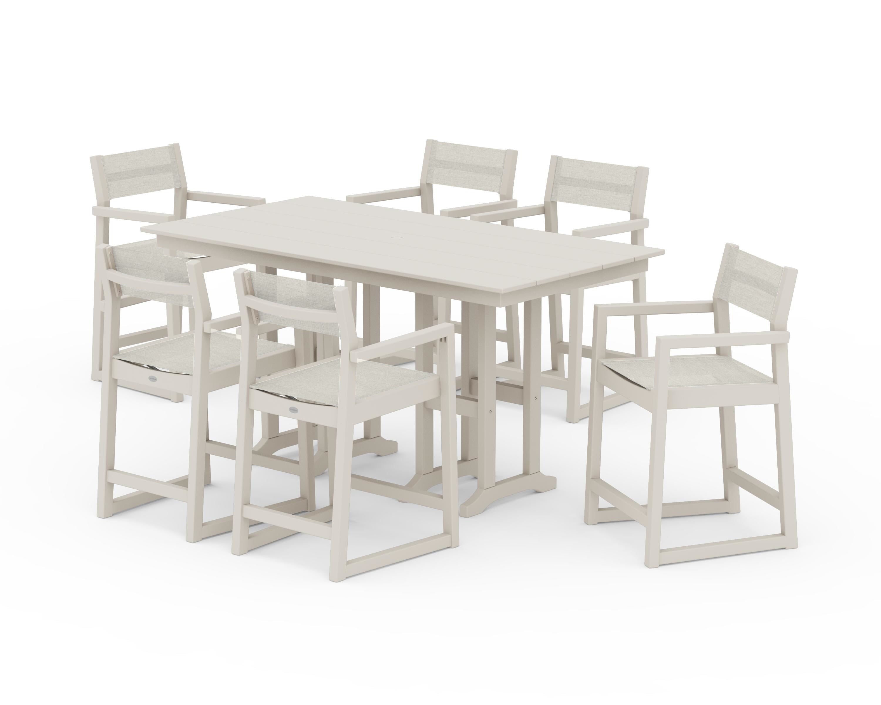 POLYWOOD EDGE Sling Arm Chair 7-Piece Farmhouse Counter Set in Sand / Parchment Sling