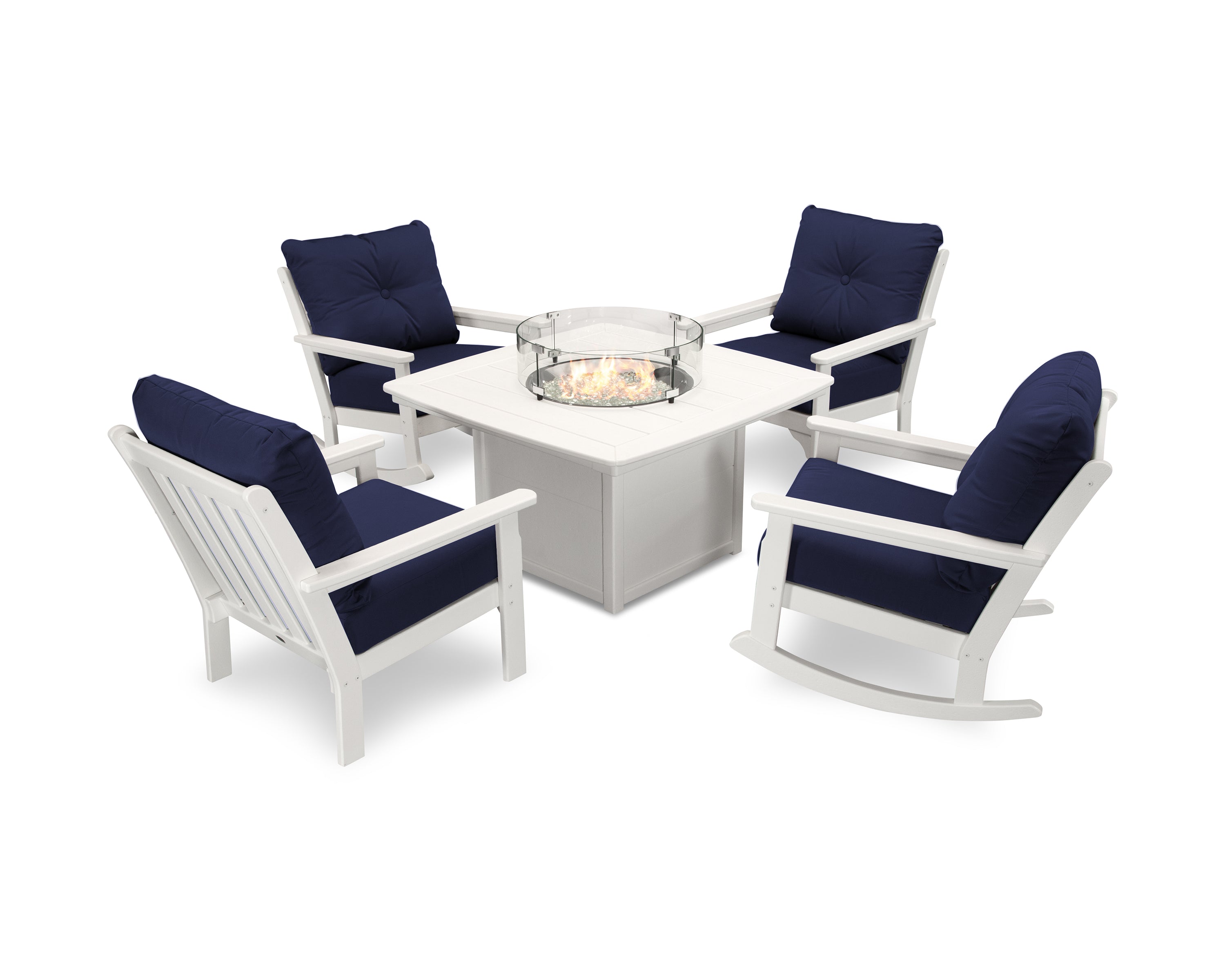 POLYWOOD Vineyard 5-Piece Deep Seating Rocking Chair Conversation Set with Fire Pit Table in White / Navy