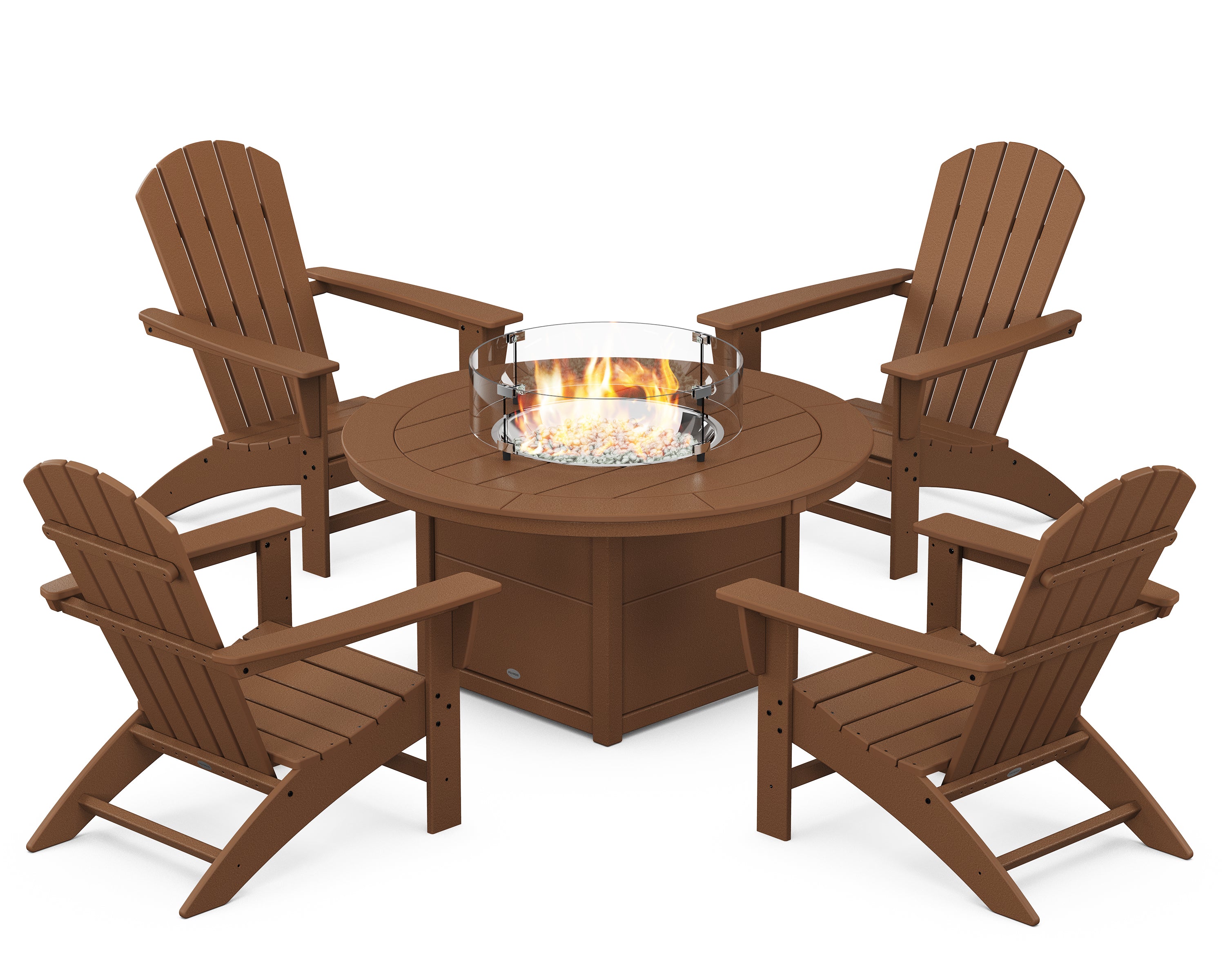 POLYWOOD® Nautical 5-Piece Adirondack Chair Conversation Set with Fire Pit Table in Teak