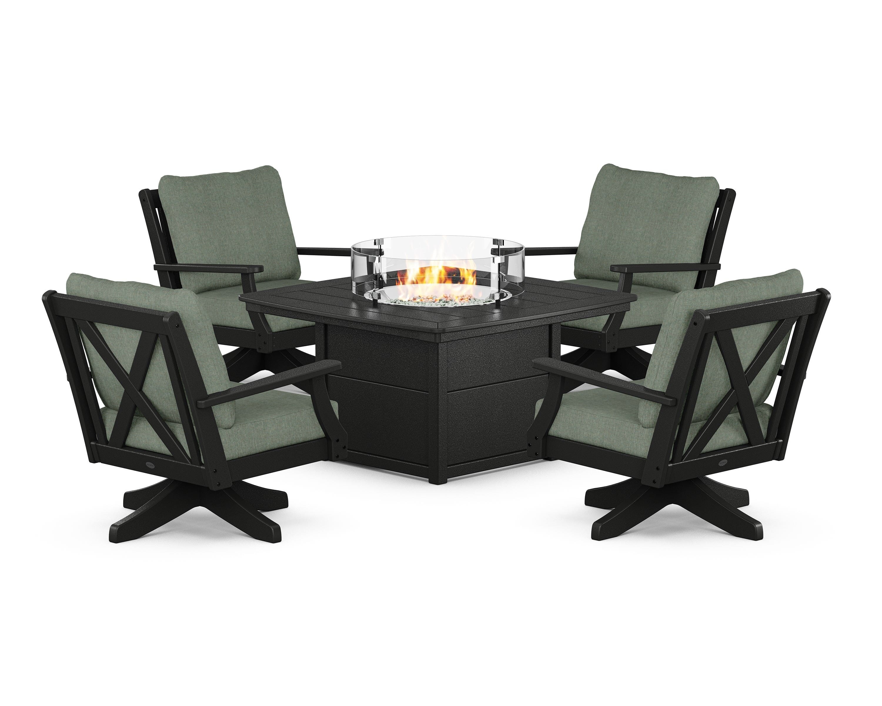 POLYWOOD Braxton 5-Piece Deep Seating Swivel Conversation Set with Fire Pit Table in Black / Cast Sage