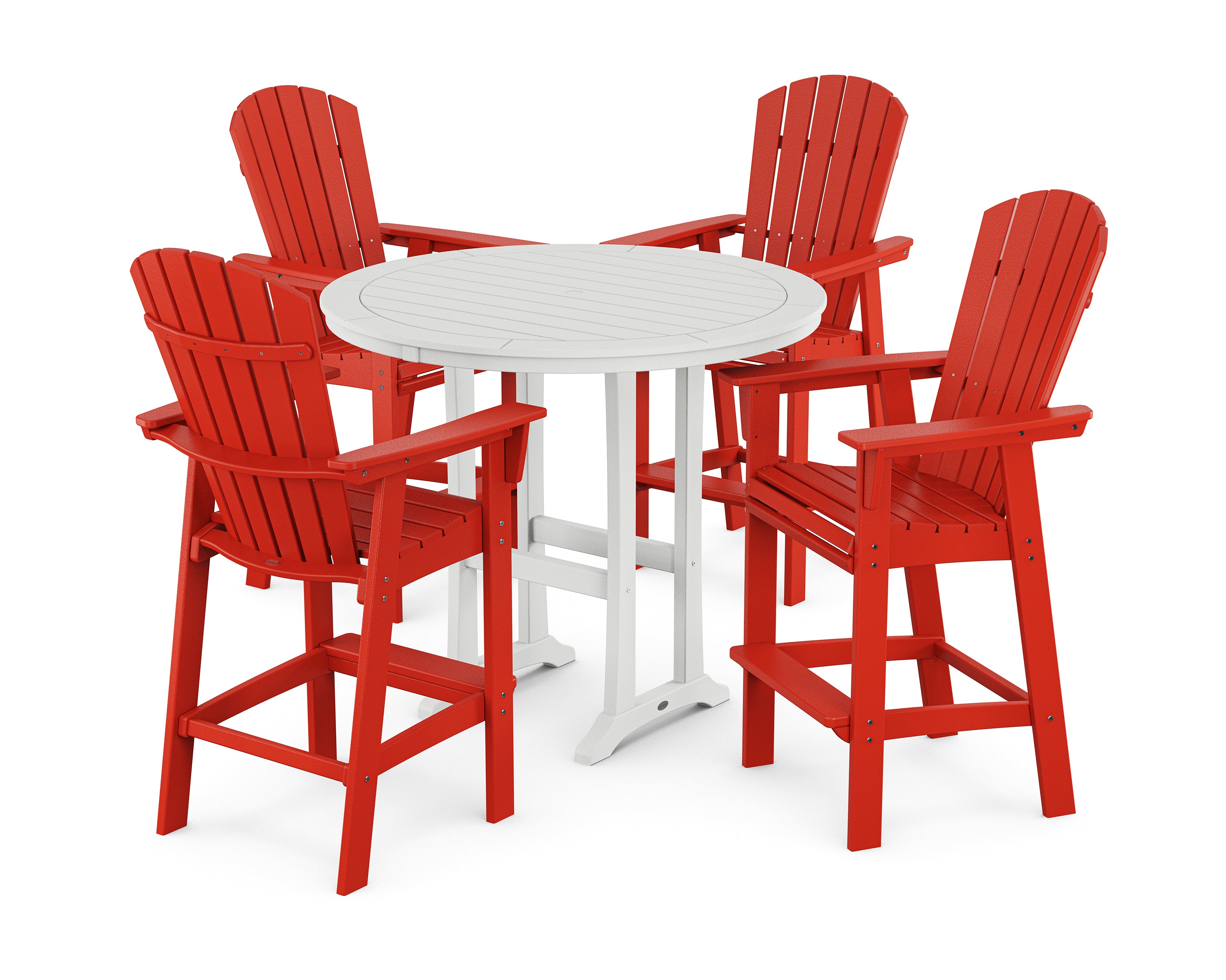 POLYWOOD® Nautical Curveback Adirondack 5-Piece Round Trestle Bar Set in Sunset Red / White