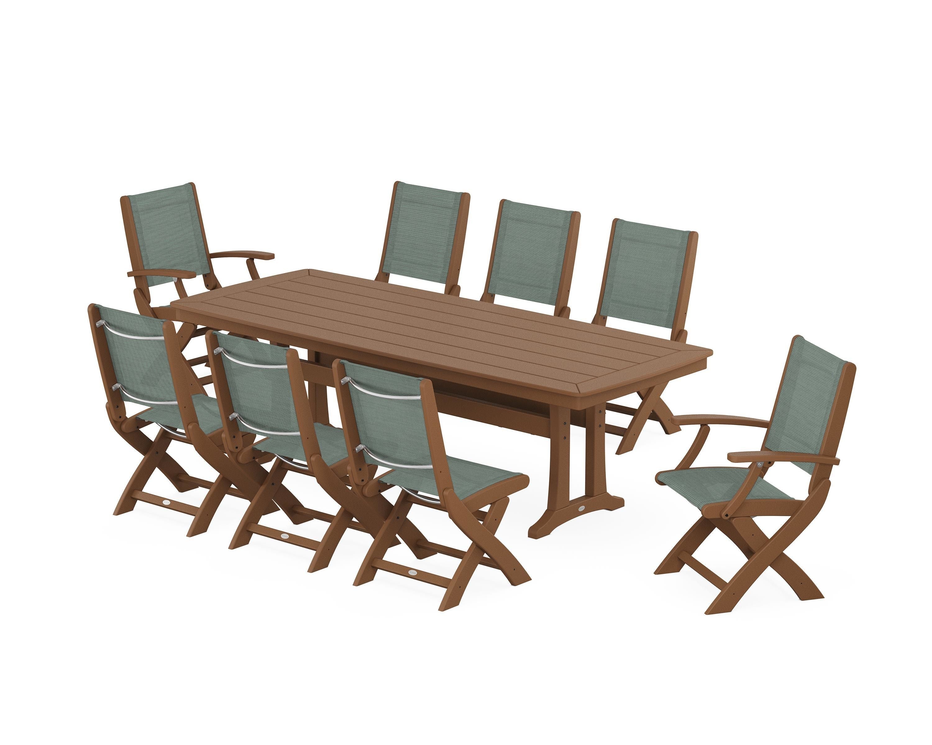 POLYWOOD Coastal Folding 9-Piece Dining Set with Trestle Legs in Teak / Dupioni Sea Mist Sling