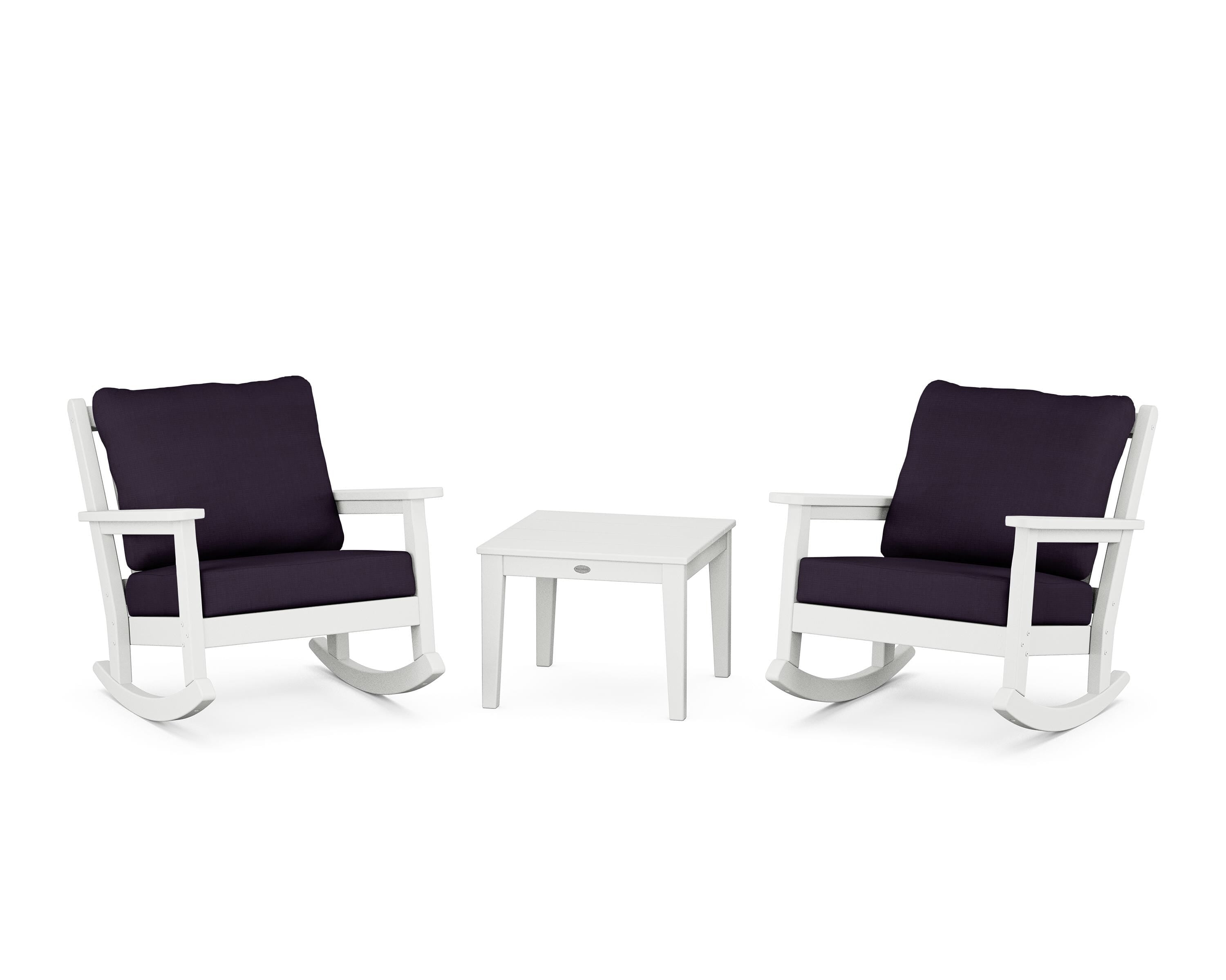 POLYWOOD Chippendale 3-Piece Deep Seating Rocker Set in White / Navy Linen