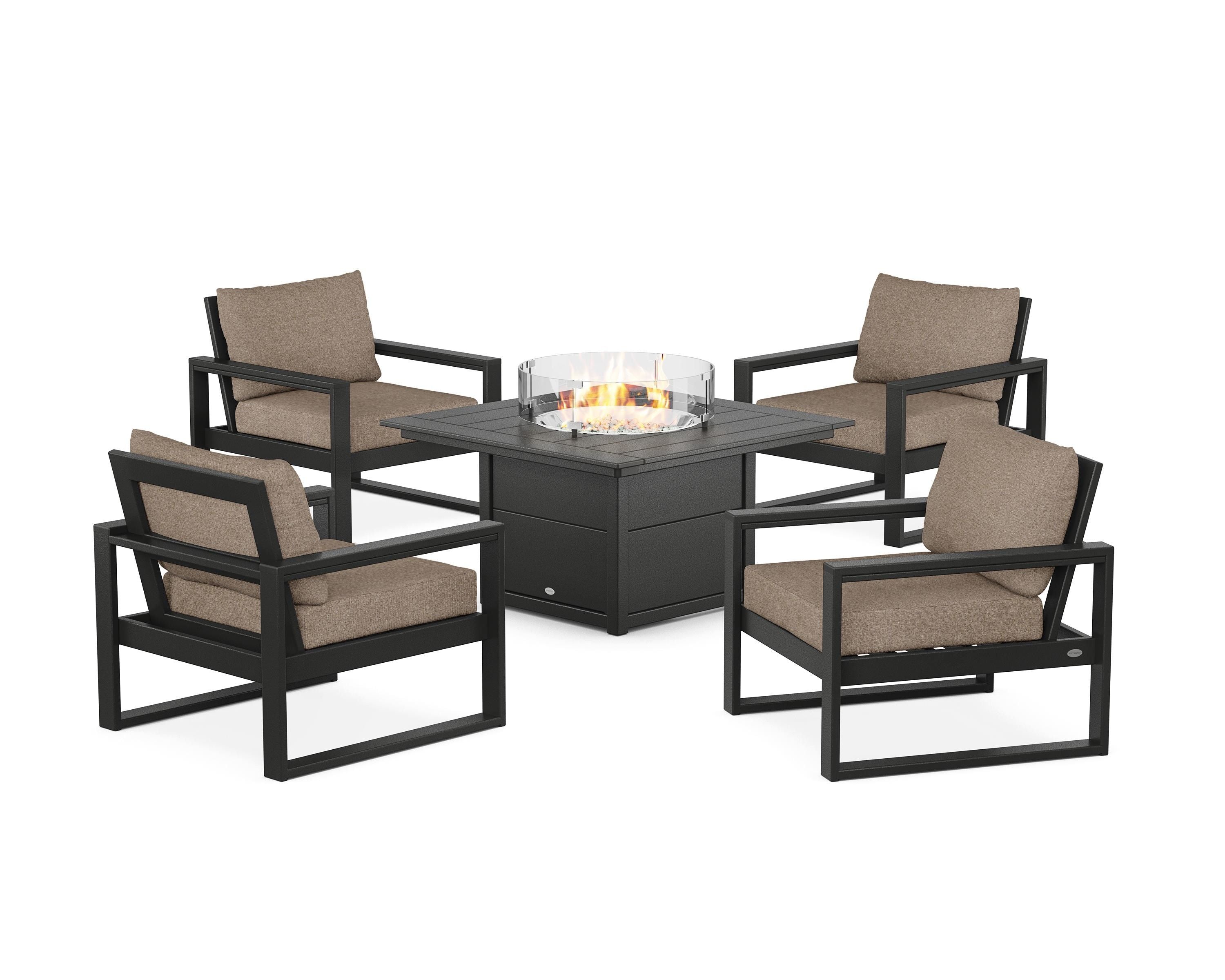 POLYWOOD EDGE Sectional 5-Piece Deep Seating Set with Fire Pit Table in Black / Spiced Burlap