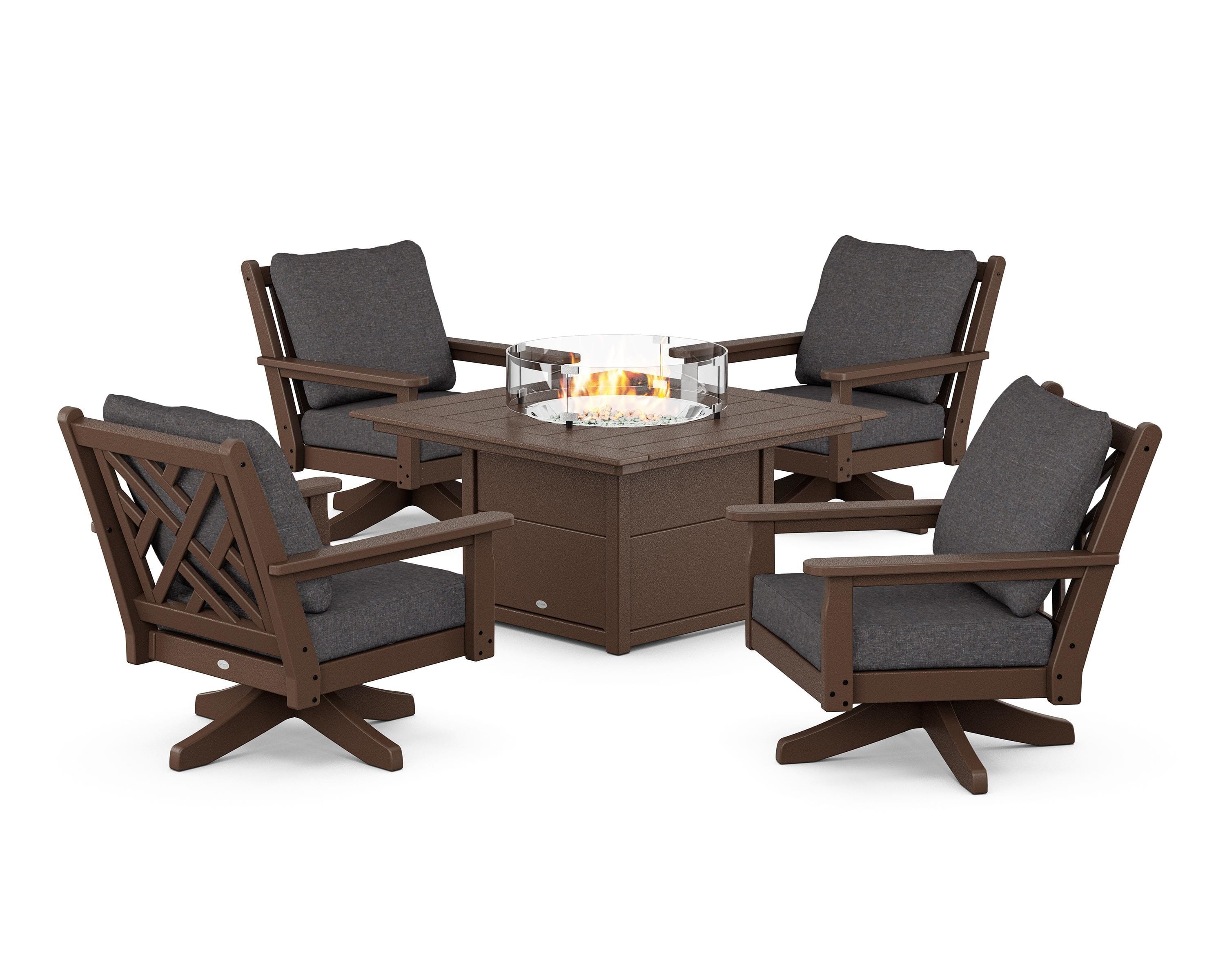 POLYWOOD Chippendale 5-Piece Deep Seating Swivel Conversation Set with Fire Pit Table in Mahogany / Ash Charcoal