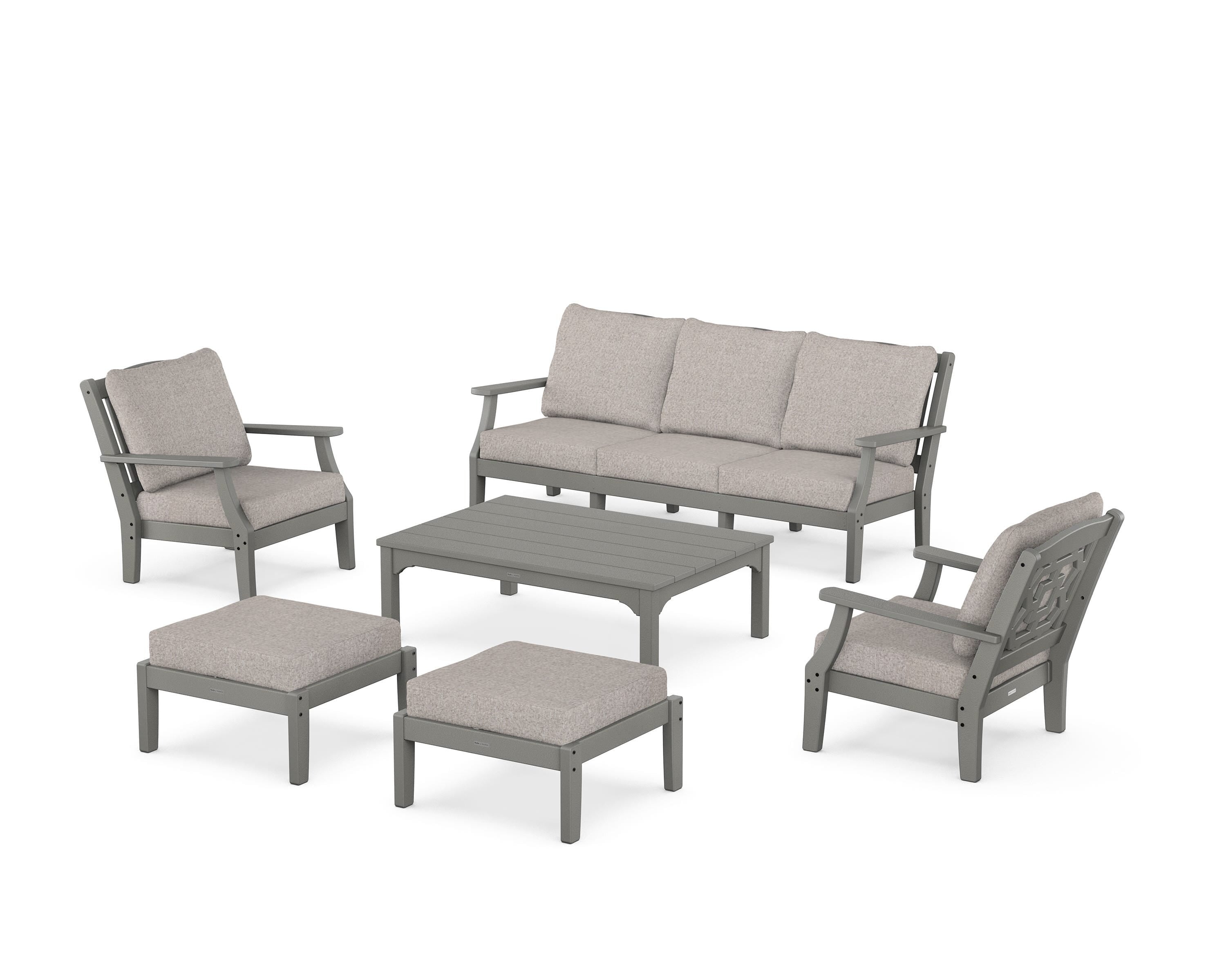 Martha Stewart by POLYWOOD Chinoiserie 6-Piece Lounge Sofa Set in Slate Grey / Weathered Tweed