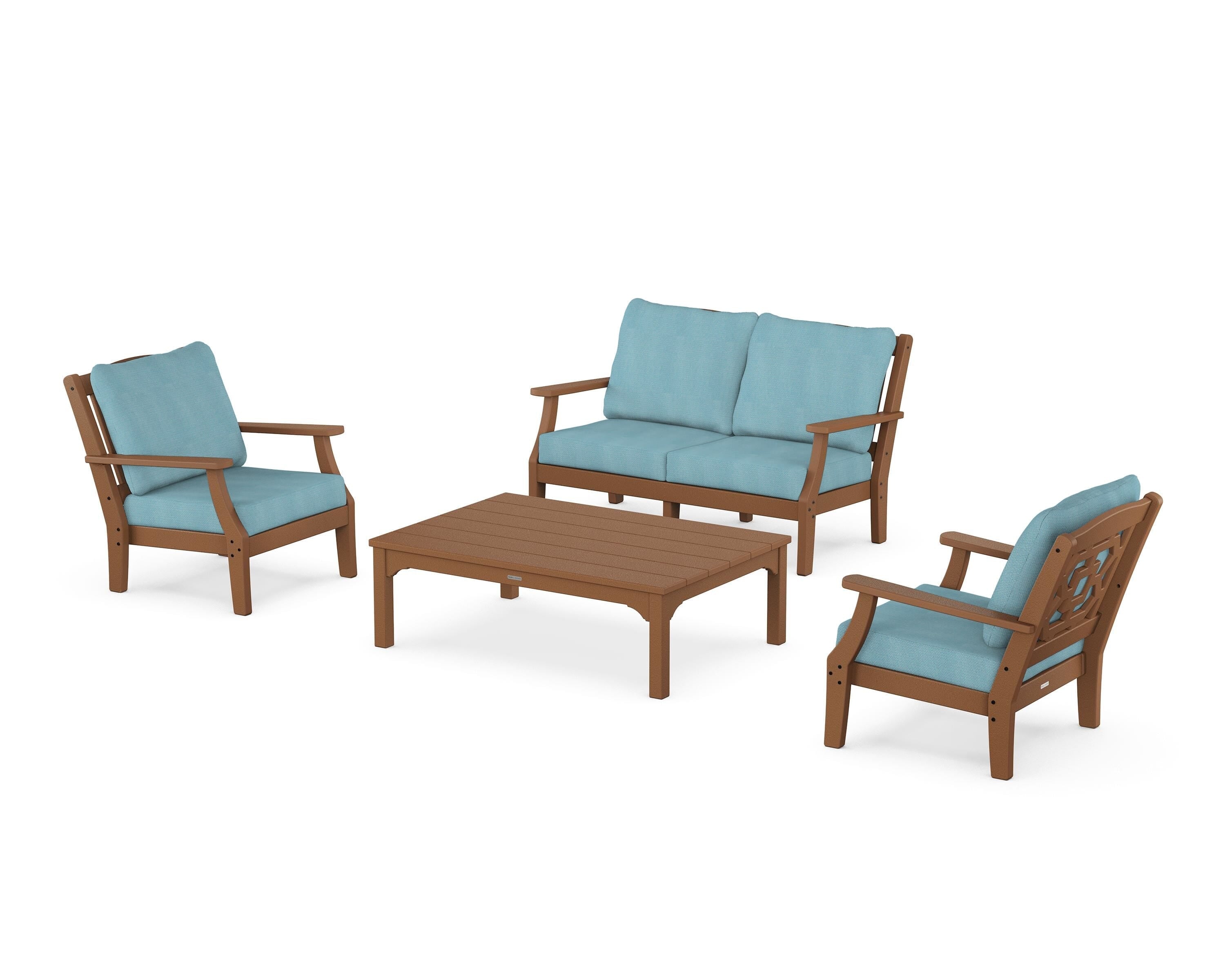 Martha Stewart by POLYWOOD Chinoiserie 4-Piece Deep Seating Set with Loveseat in Teak / Lattice Sky Blue