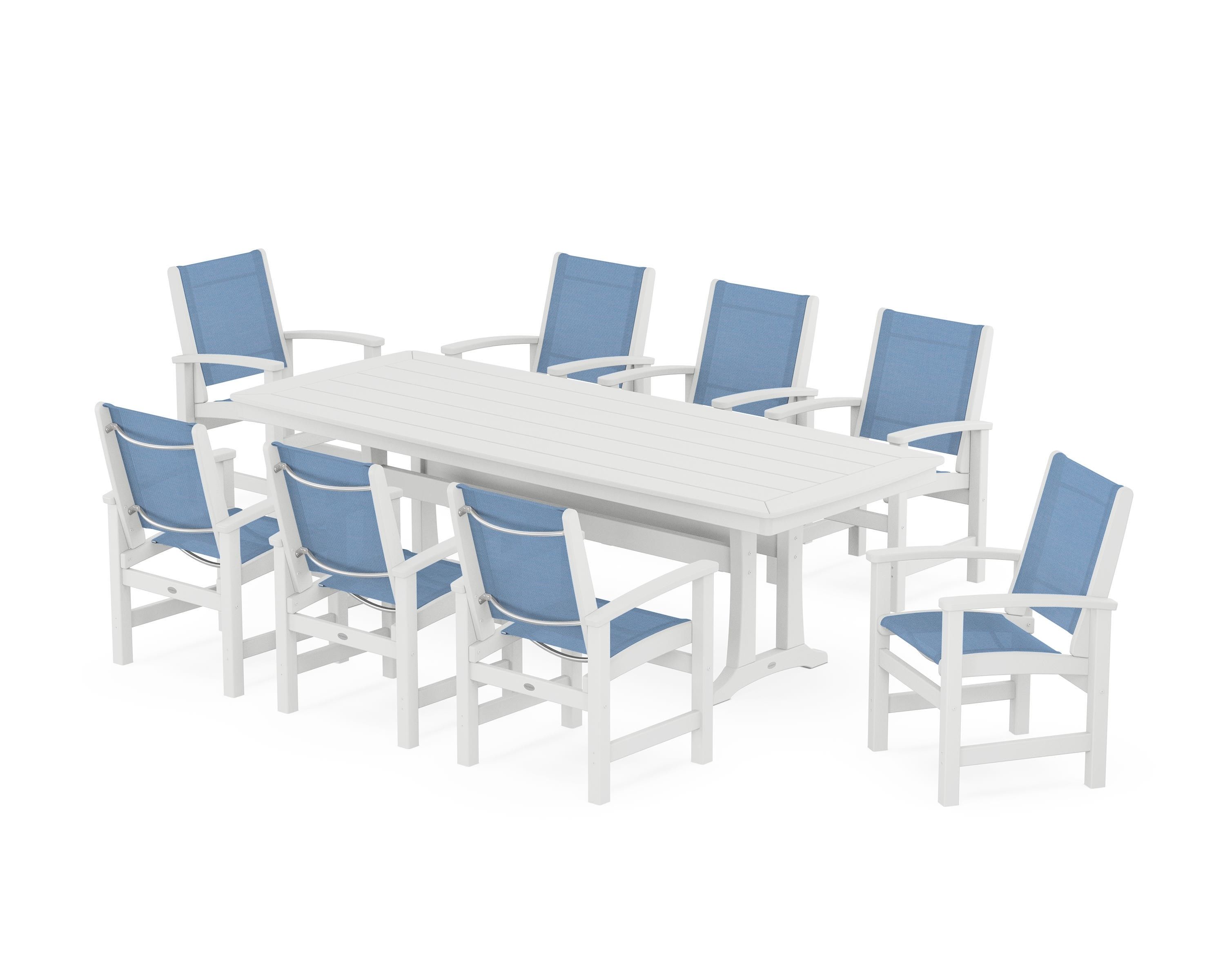 POLYWOOD Coastal 9-Piece Dining Set with Trestle Legs in White / Poolside Sling
