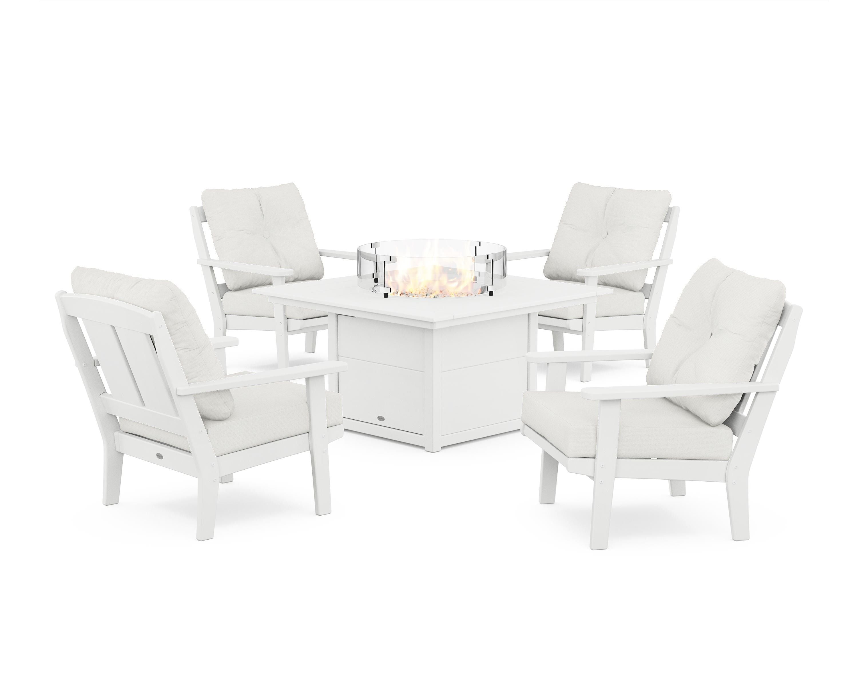 POLYWOOD Mission 5-Piece Deep Seating Set with Fire Pit Table in White / Natural Linen