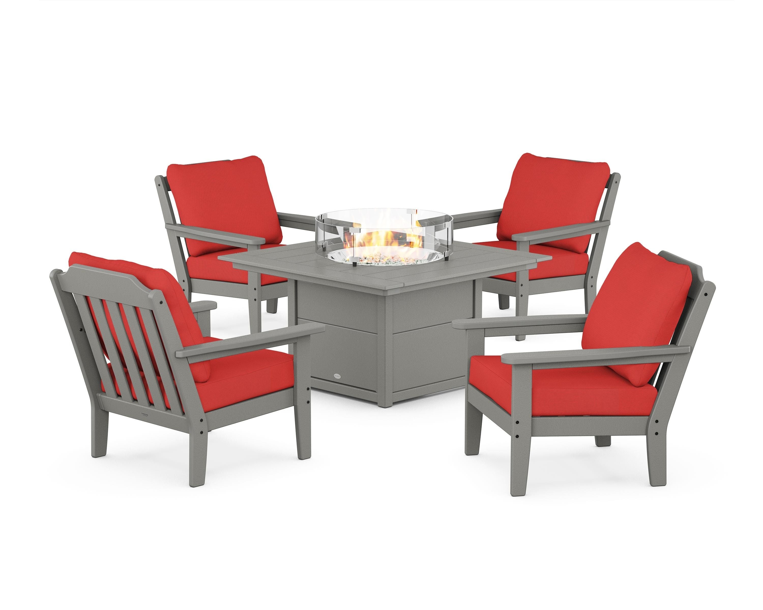 Country Living Cottage 5-Piece Deep Seating Set with Fire Pit Table in Slate Grey / Crimson Linen