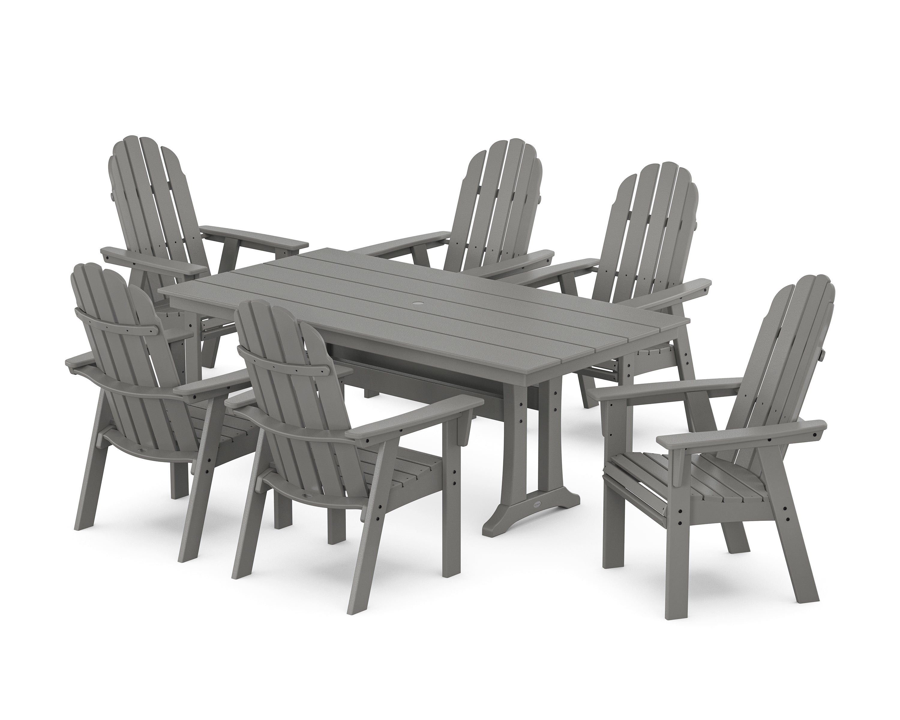 POLYWOOD Vineyard Curveback Adirondack Chair 7-Piece Farmhouse Dining Set with Trestle Legs in Slate Grey
