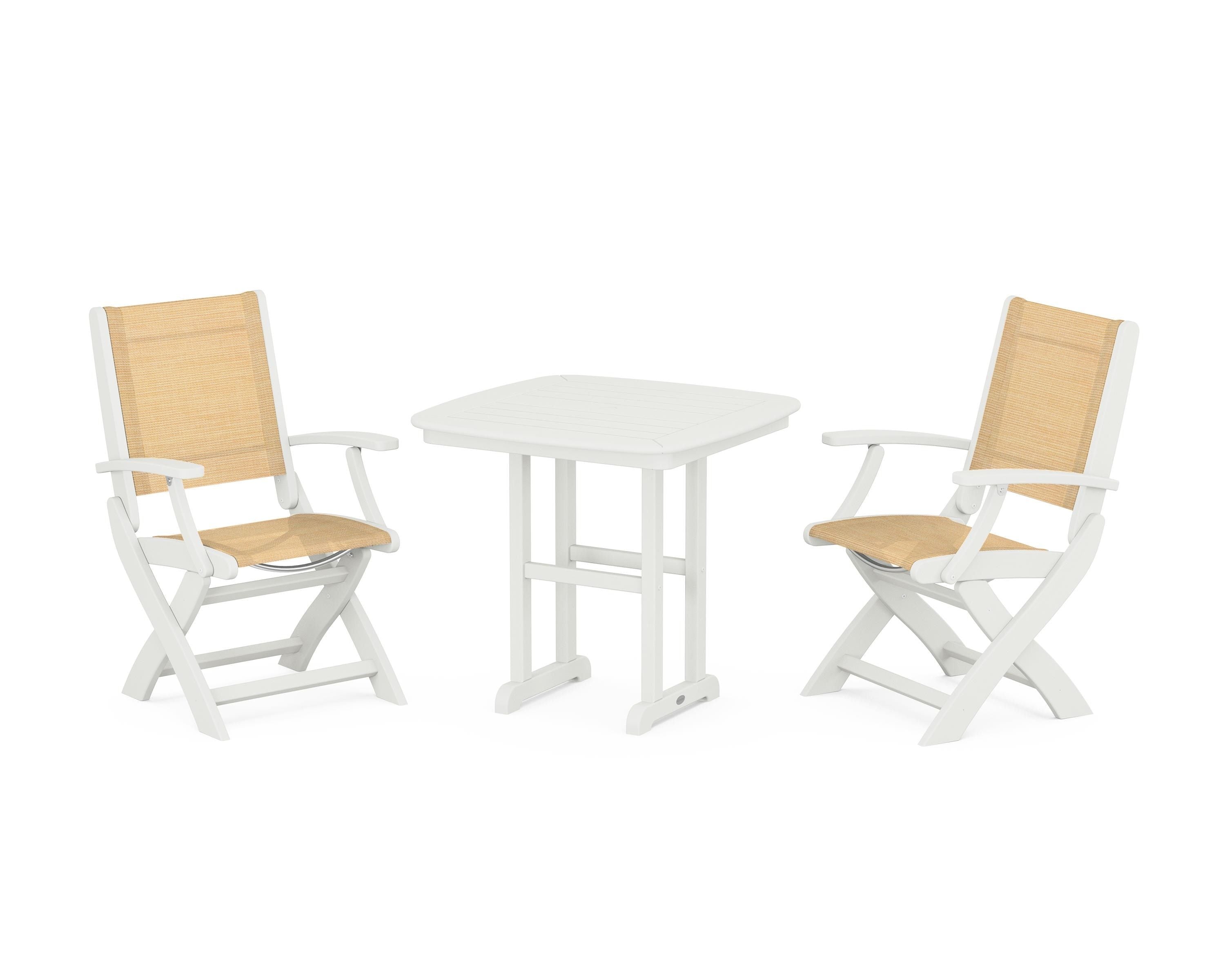 POLYWOOD Coastal Folding Chair 3-Piece Dining Set in Vintage White / Dupioni Apricot Sling