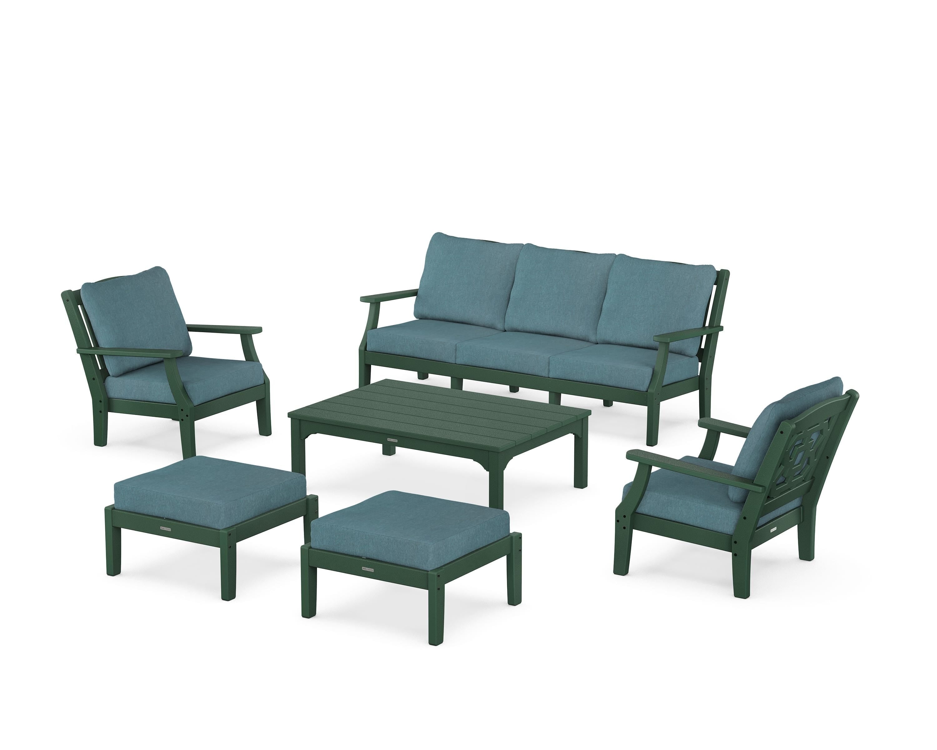 Martha Stewart by POLYWOOD Chinoiserie 6-Piece Lounge Sofa Set in Green / Ocean Teal