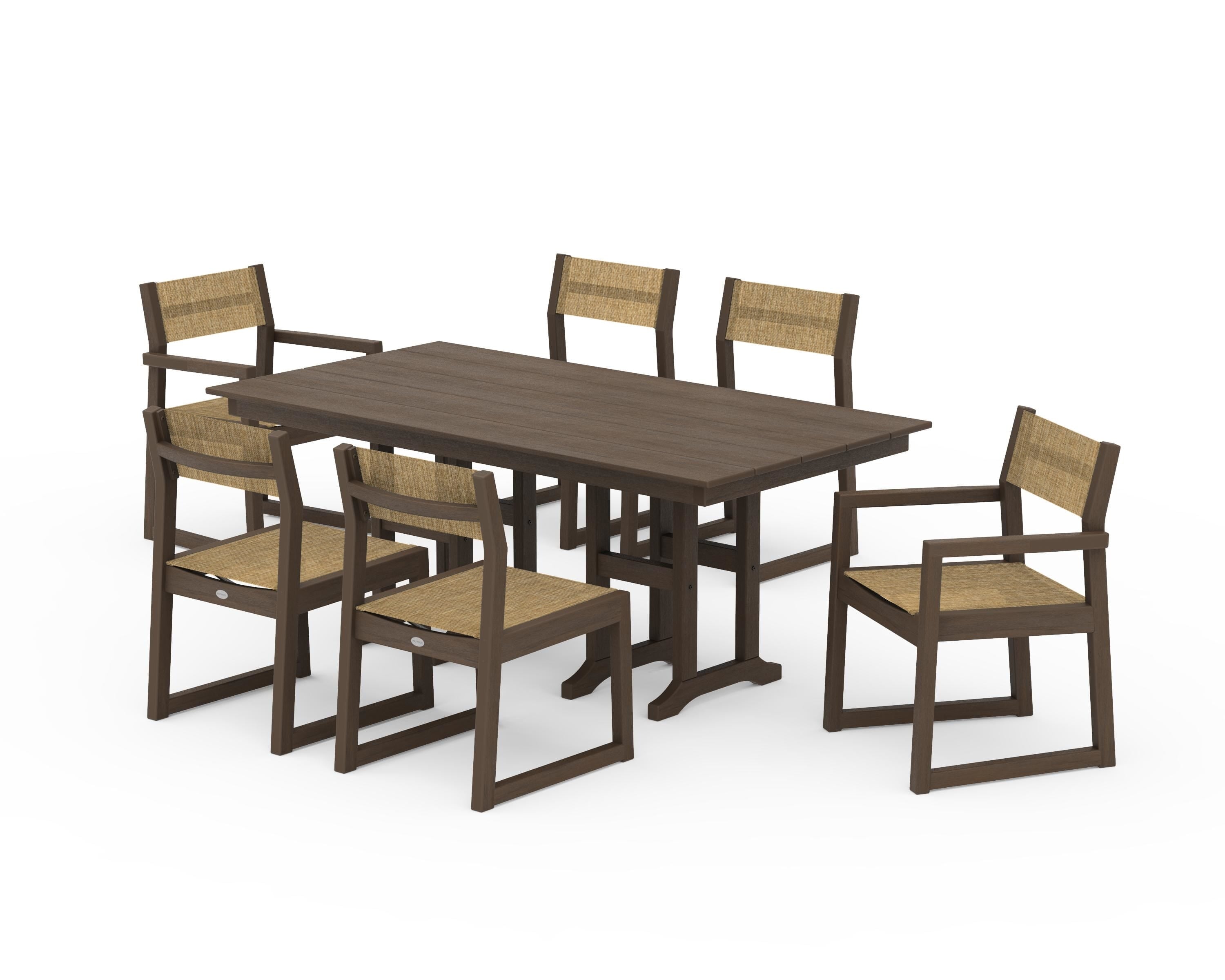 POLYWOOD EDGE Sling 7-Piece Farmhouse Dining Set in Kona / Burlap Sling