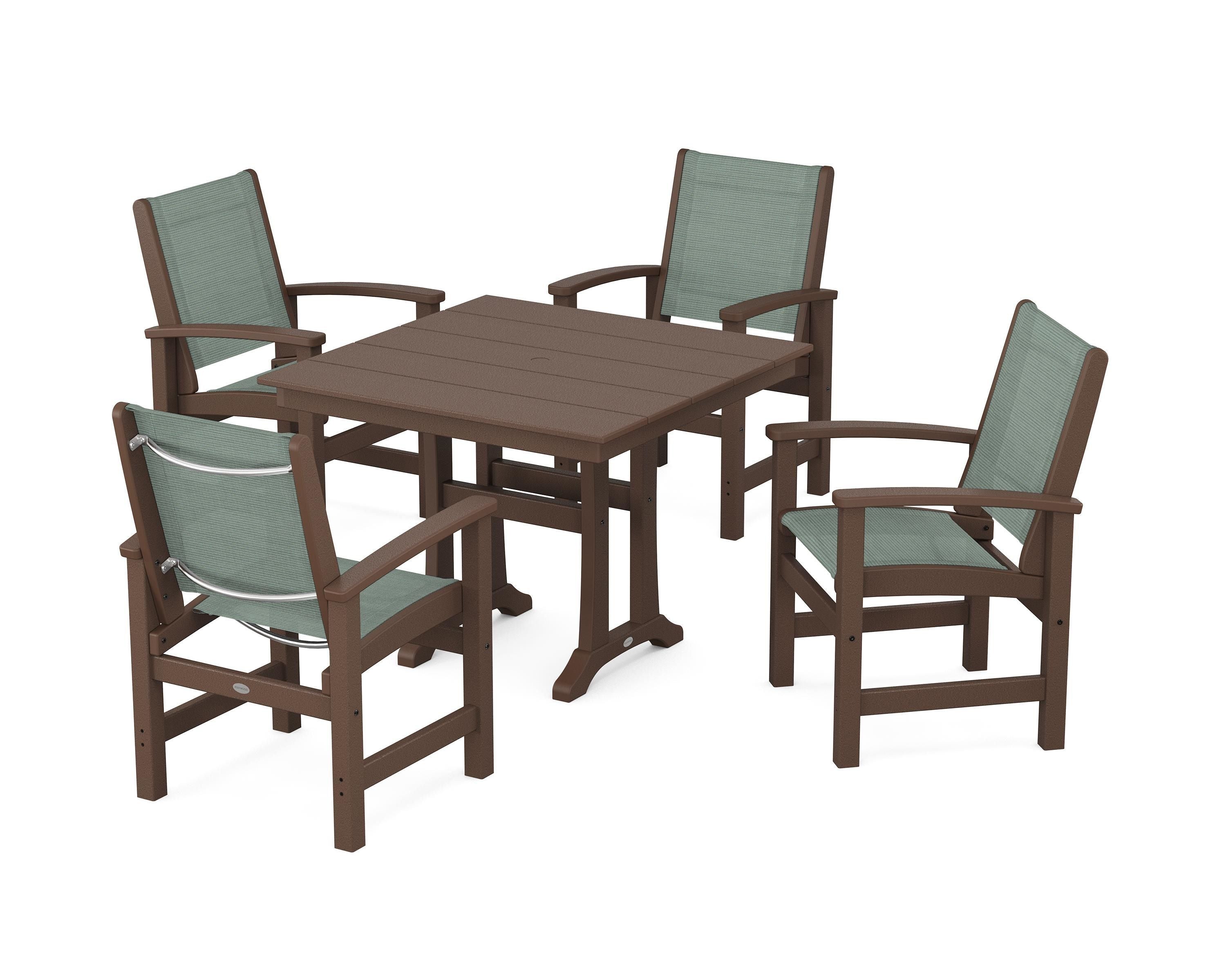 POLYWOOD Coastal 5-Piece Farmhouse Dining Set With Trestle Legs in Mahogany / Dupioni Sea Mist Sling