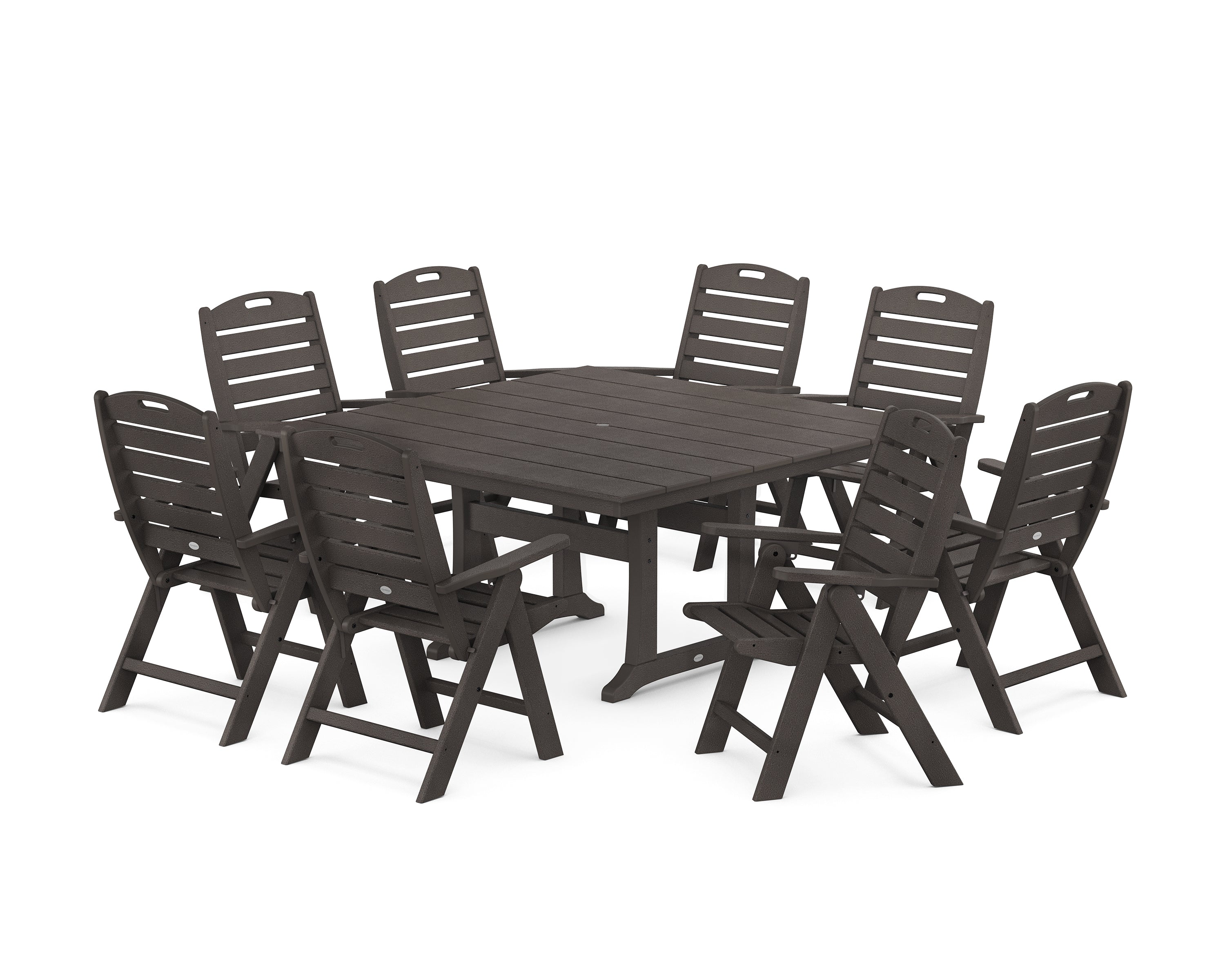 POLYWOOD Nautical Highback 9-Piece Square Farmhouse Dining Set with Trestle Legs in Vintage Coffee