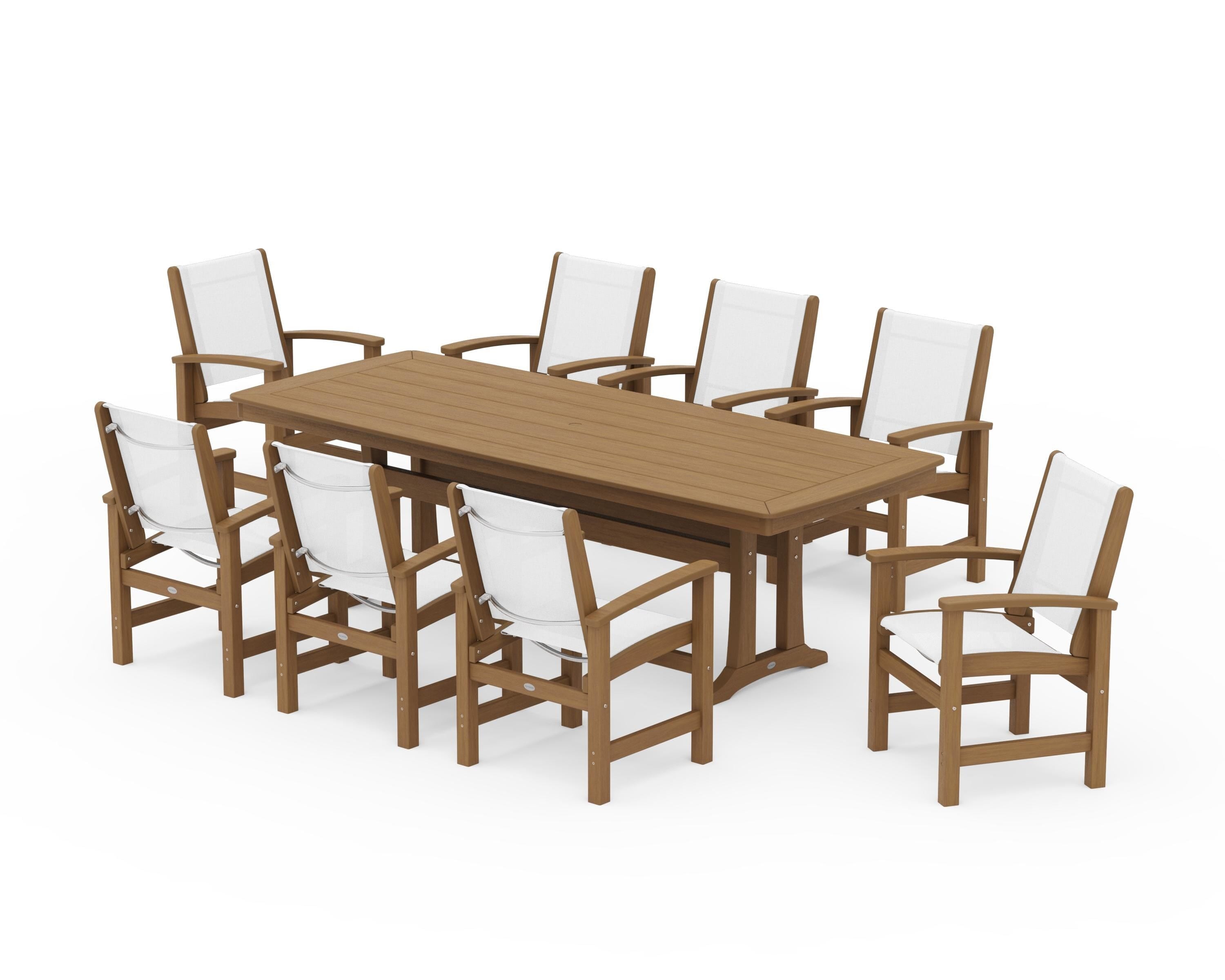 POLYWOOD Coastal 9-Piece Dining Set with Trestle Legs in Natural / White Sling