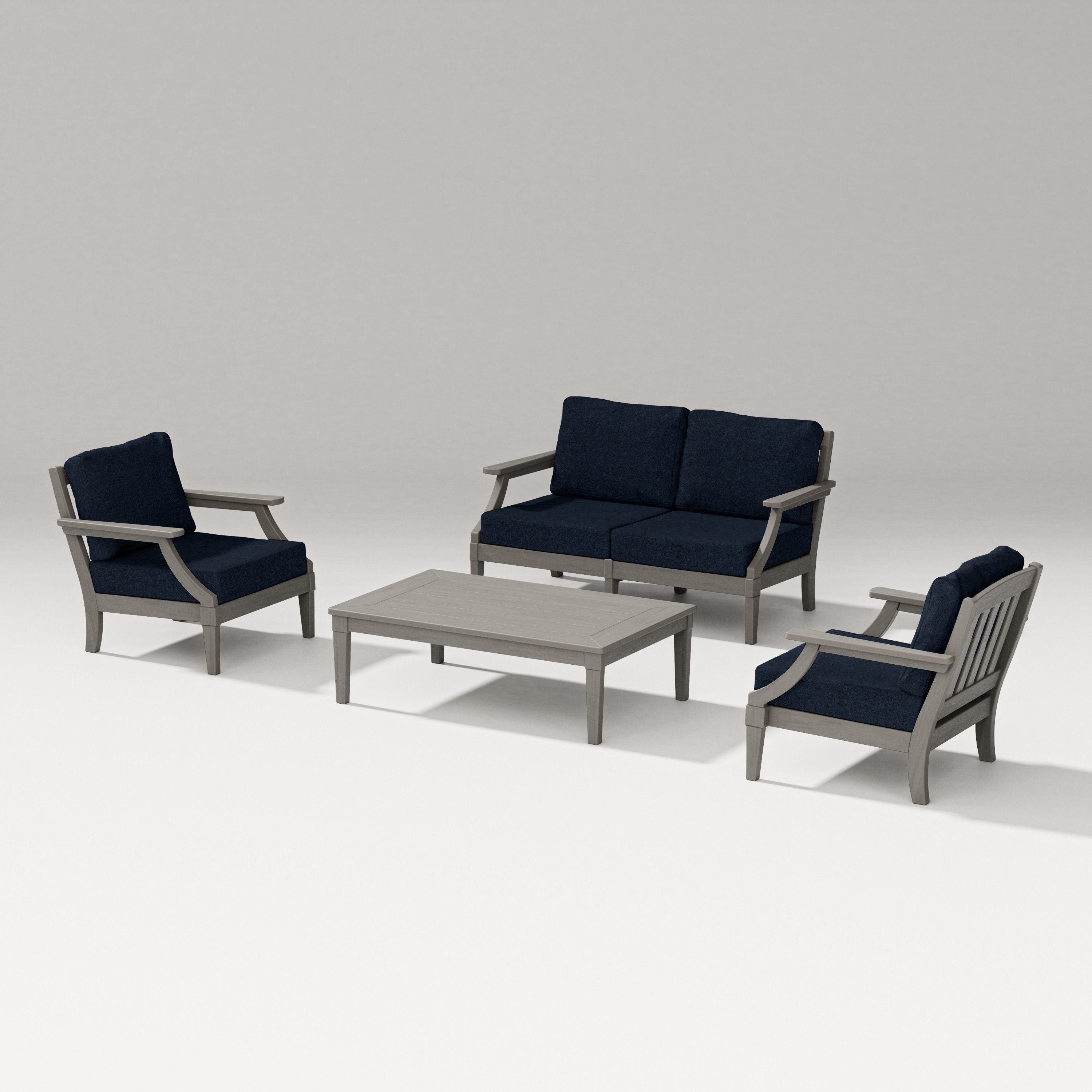PW Designer Series Estate Lounge 4-Piece Loveseat Set in Driftwood / Marine Indigo