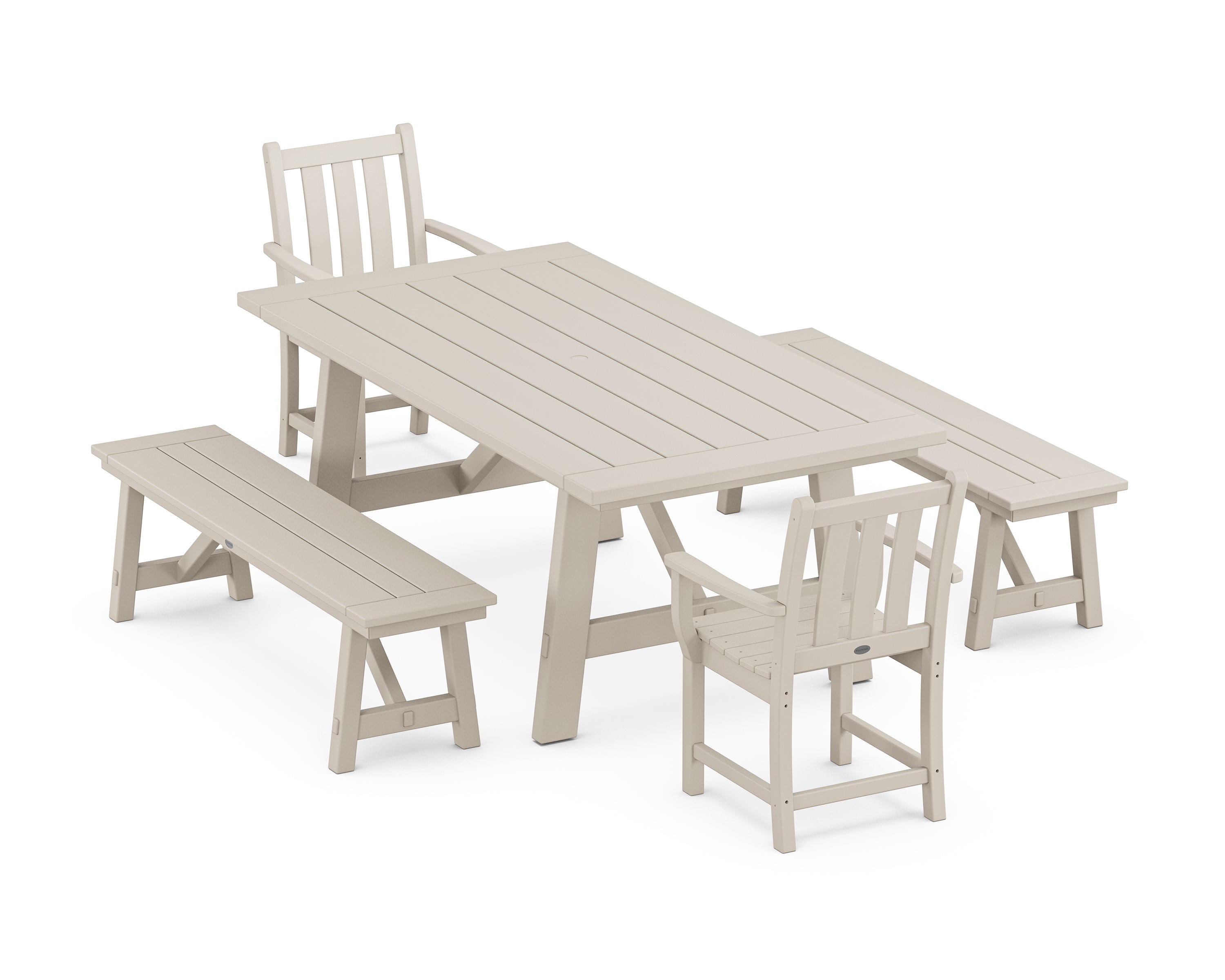 POLYWOOD® Traditional Garden 5-Piece Rustic Farmhouse Dining Set With Benches in Sand