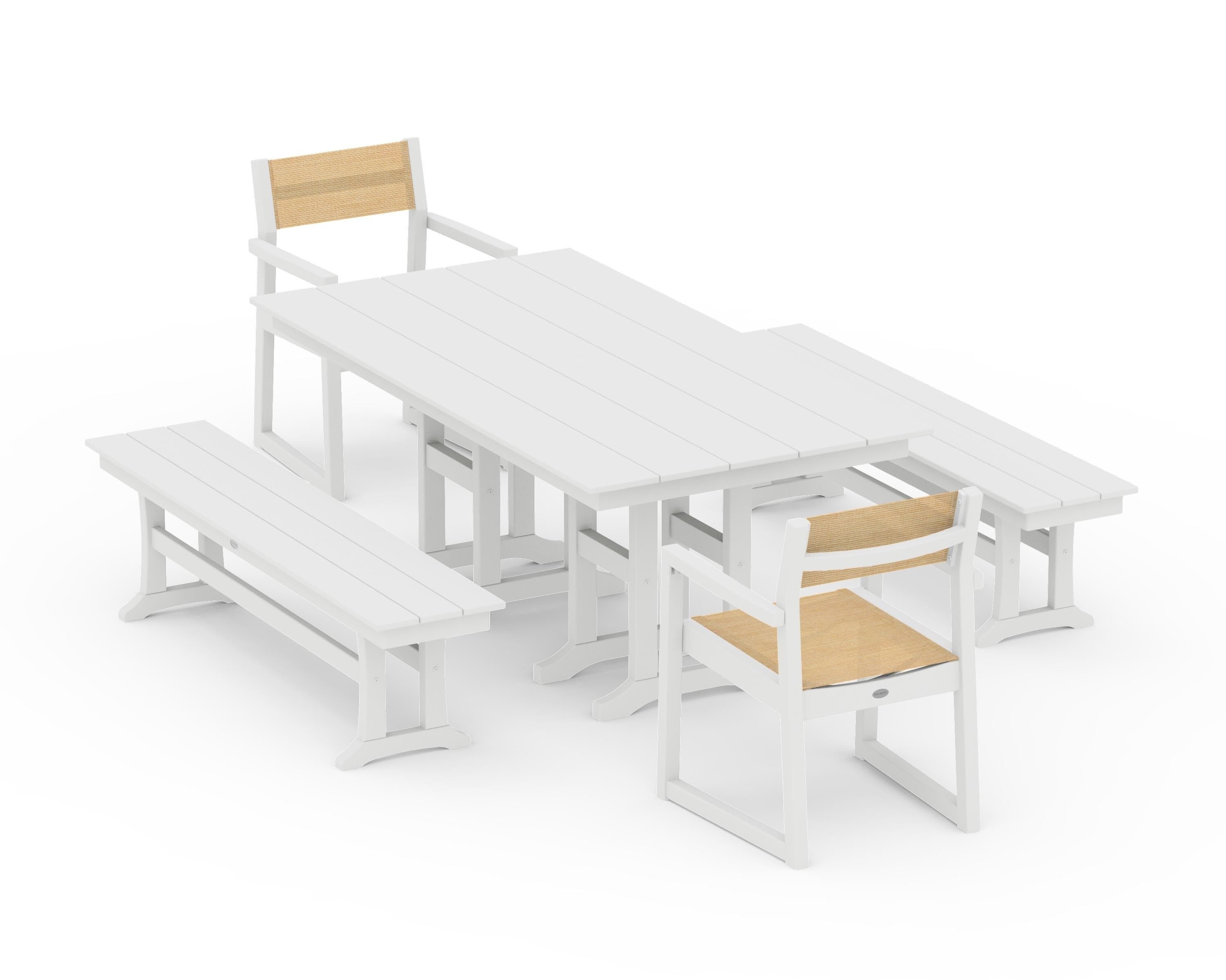 POLYWOOD EDGE Sling Arm Chair 5-Piece Farmhouse Dining Set with Benches in White / Dupioni Apricot Sling