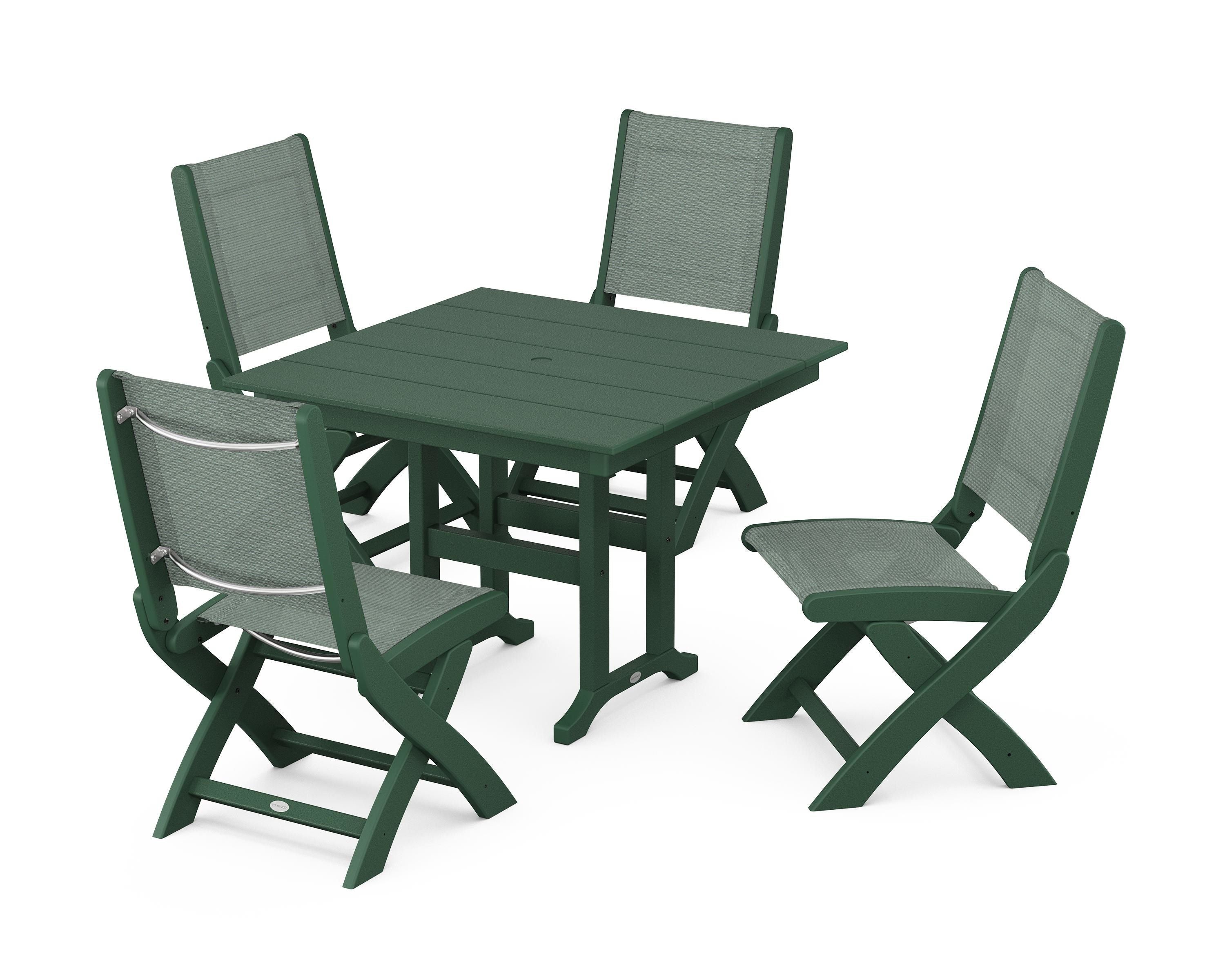 POLYWOOD Coastal Folding Side Chair 5-Piece Farmhouse Dining Set in Green / Dupioni Sea Mist Sling
