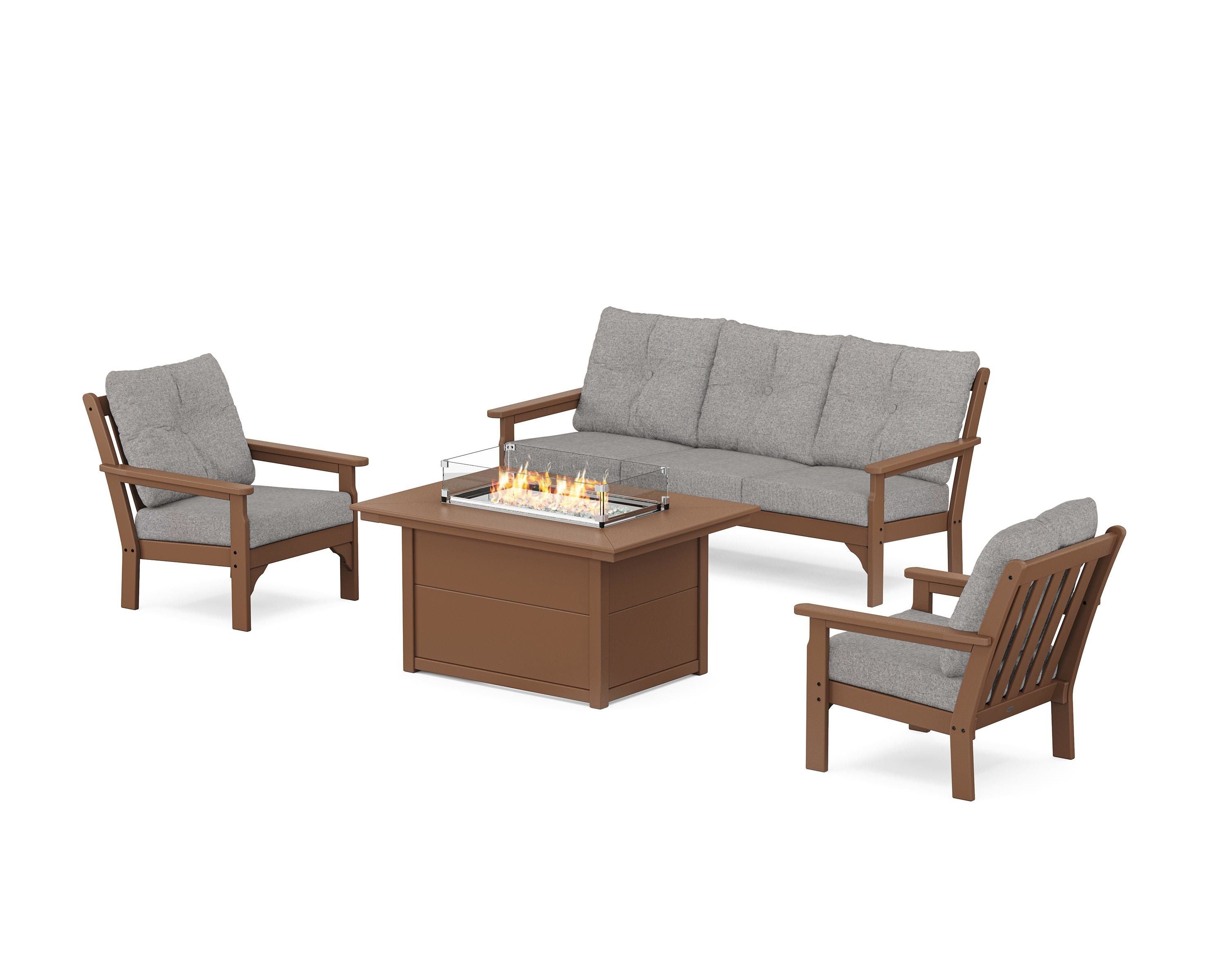 POLYWOOD Vineyard Deep Seating Fire Pit Table Set in Teak / Grey Mist