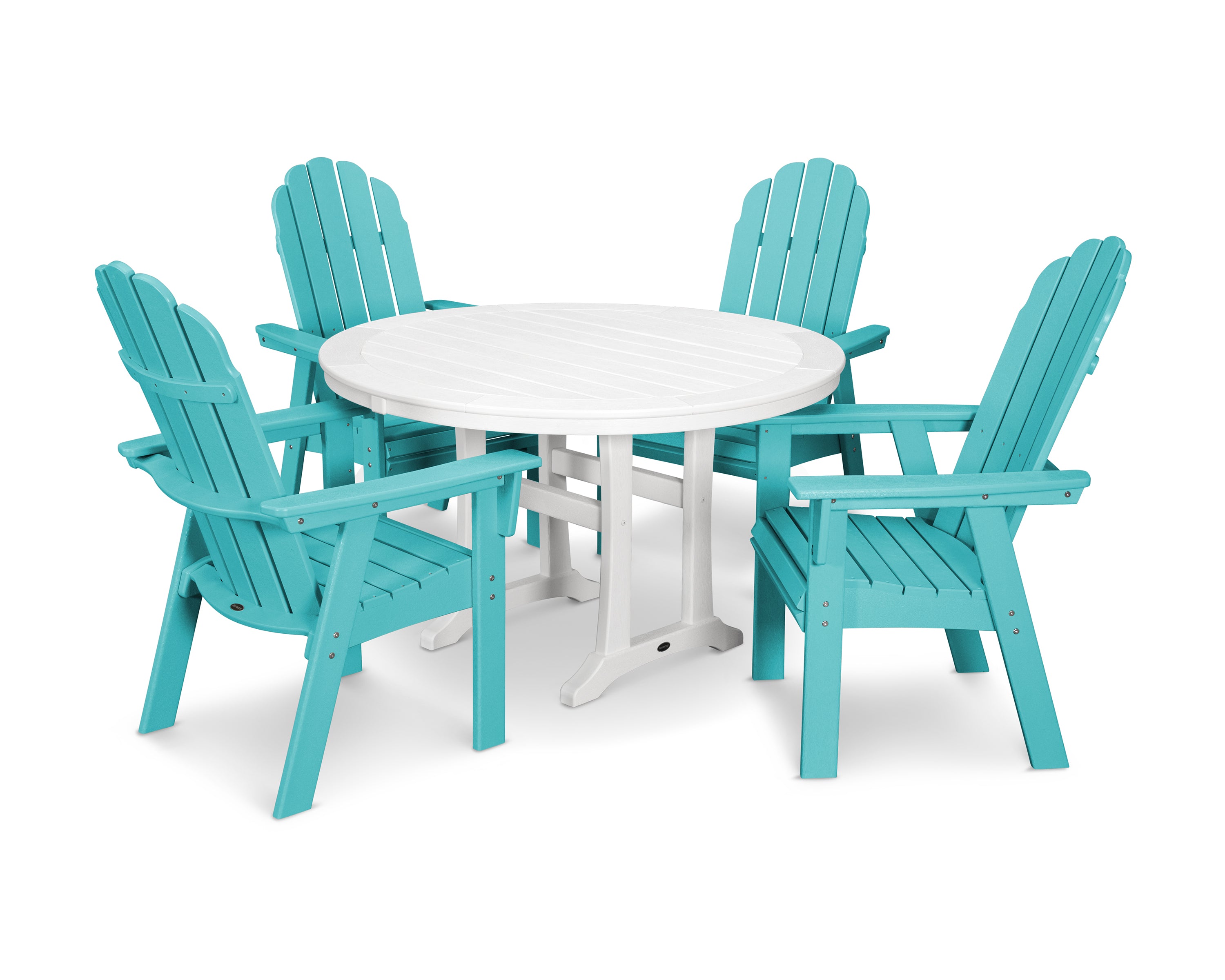 POLYWOOD® Vineyard Curveback Adirondack 5-Piece Nautical Trestle Dining Set in Aruba / White