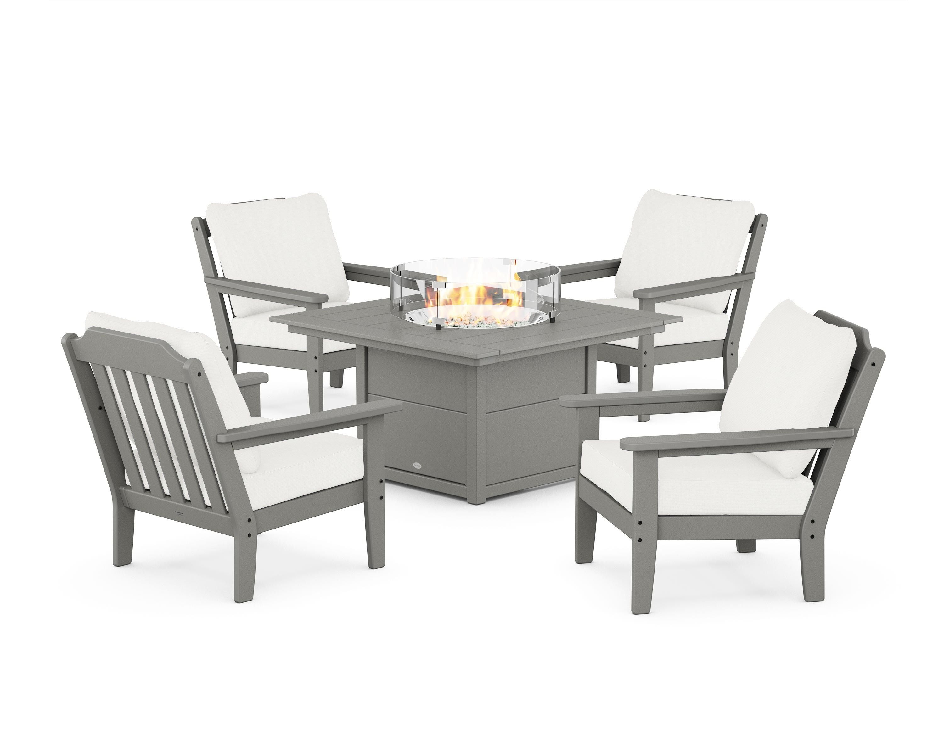 Country Living Cottage 5-Piece Deep Seating Set with Fire Pit Table in Slate Grey / Natural Linen