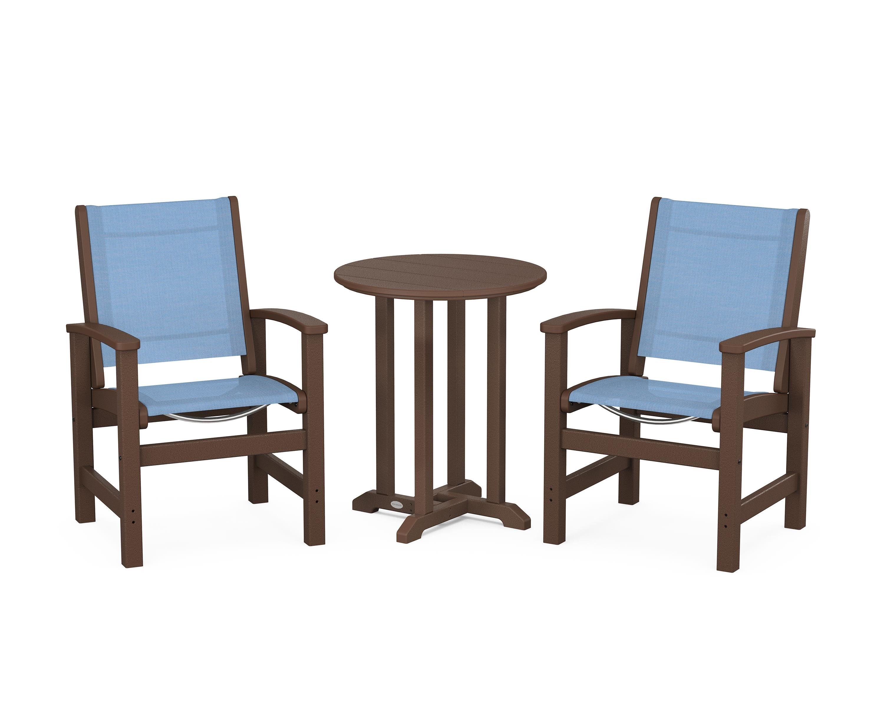 POLYWOOD Coastal 3-Piece Round Bistro Dining Set in Mahogany / Poolside Sling