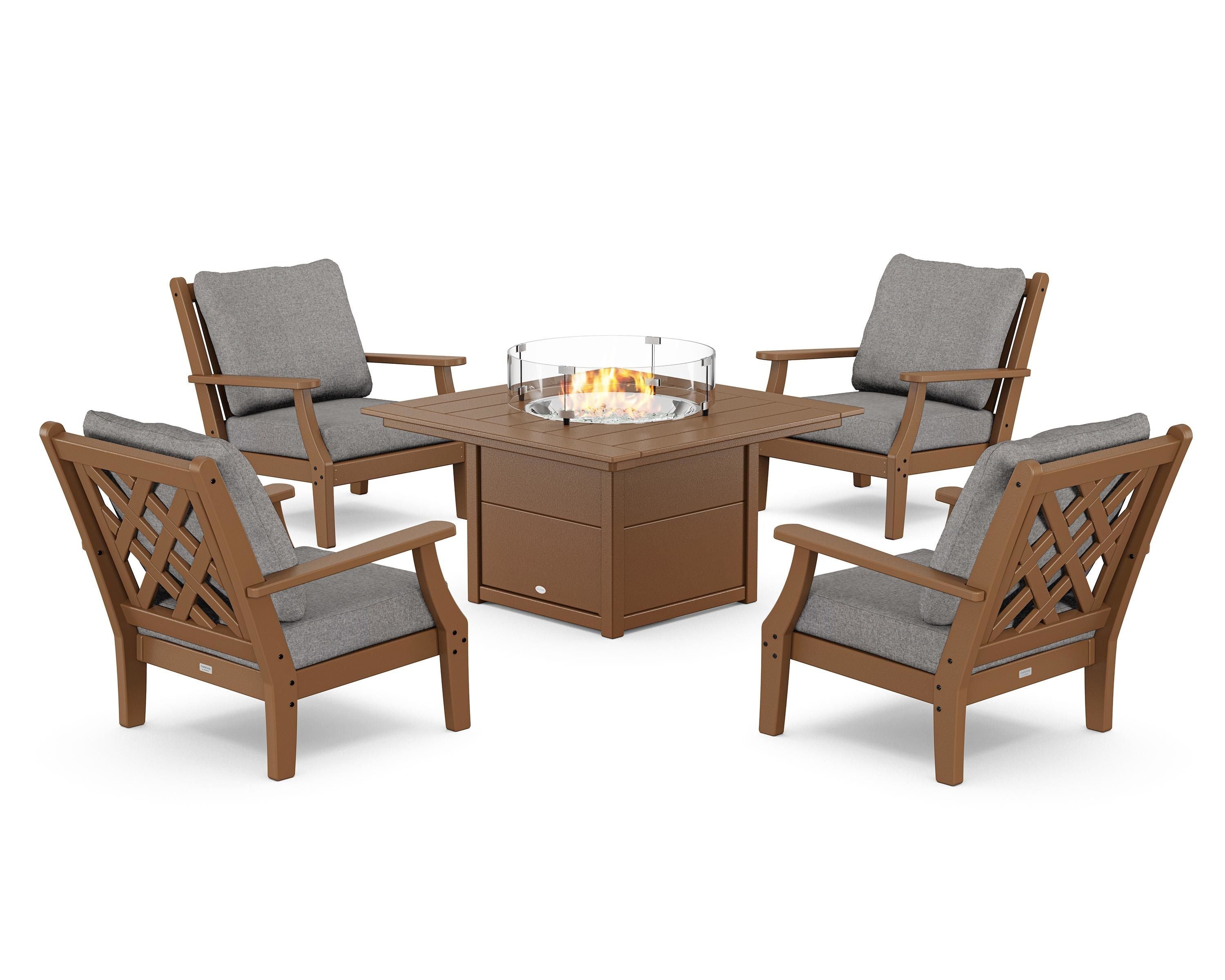 Country Living Wovendale 5-Piece Deep Seating Set with Fire Pit Table in Teak / Grey Mist