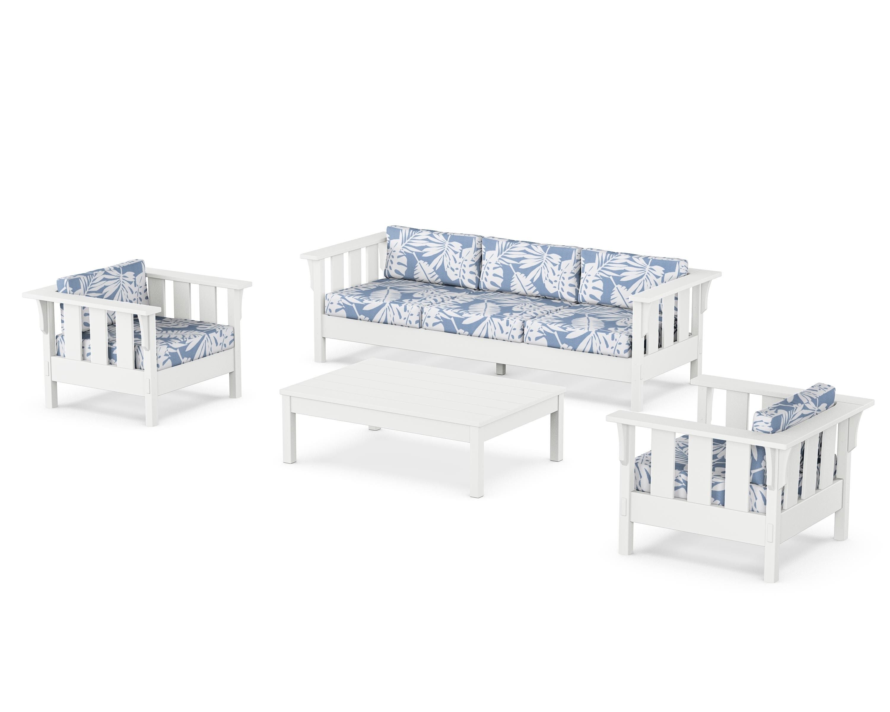 Martha Stewart by POLYWOOD Acadia 4-Piece Deep Seating Set with Sofa in White / Leaf Sky Blue