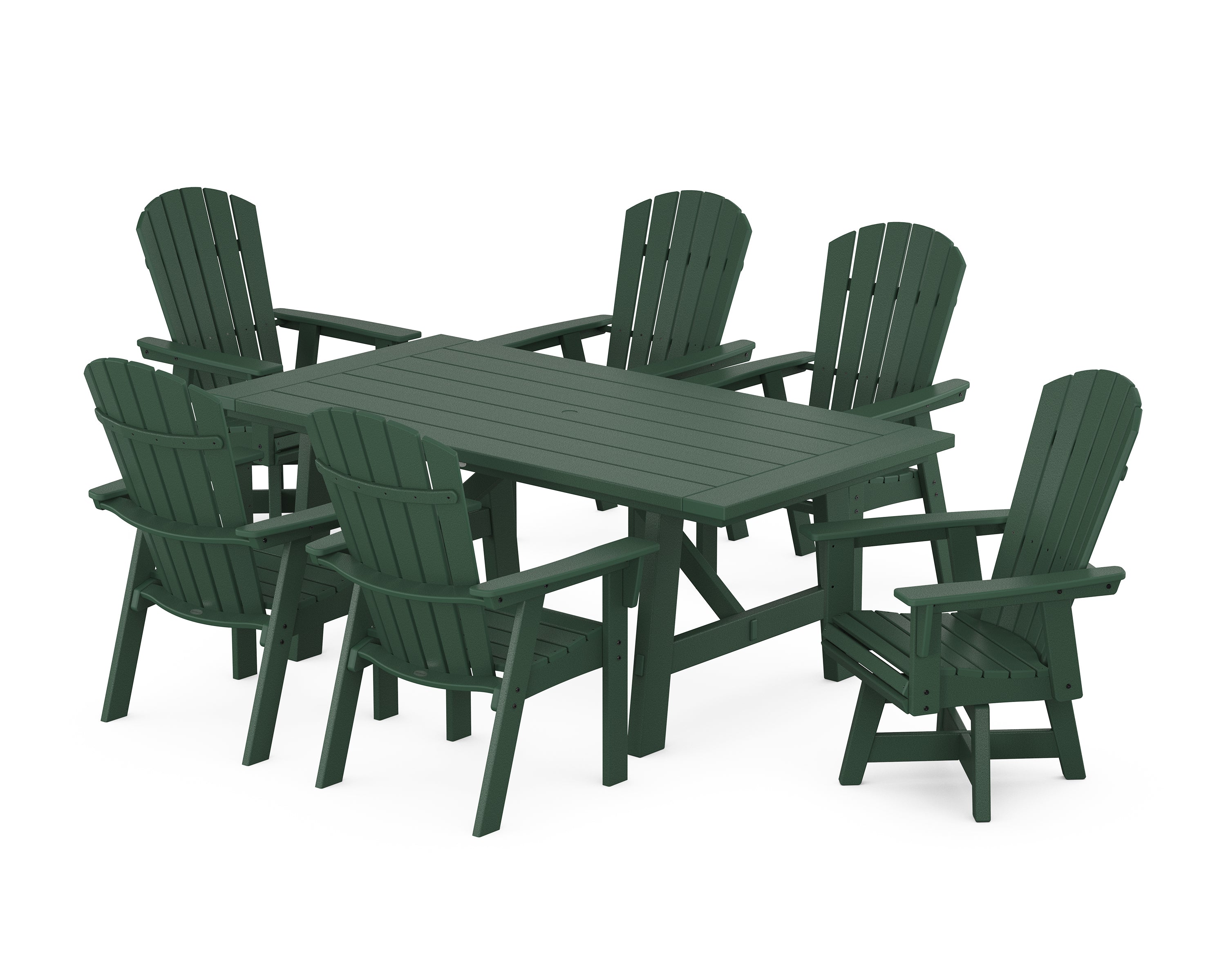 POLYWOOD® Nautical Curveback Adirondack Swivel Chair 7-Piece Rustic Farmhouse Dining Set in Green