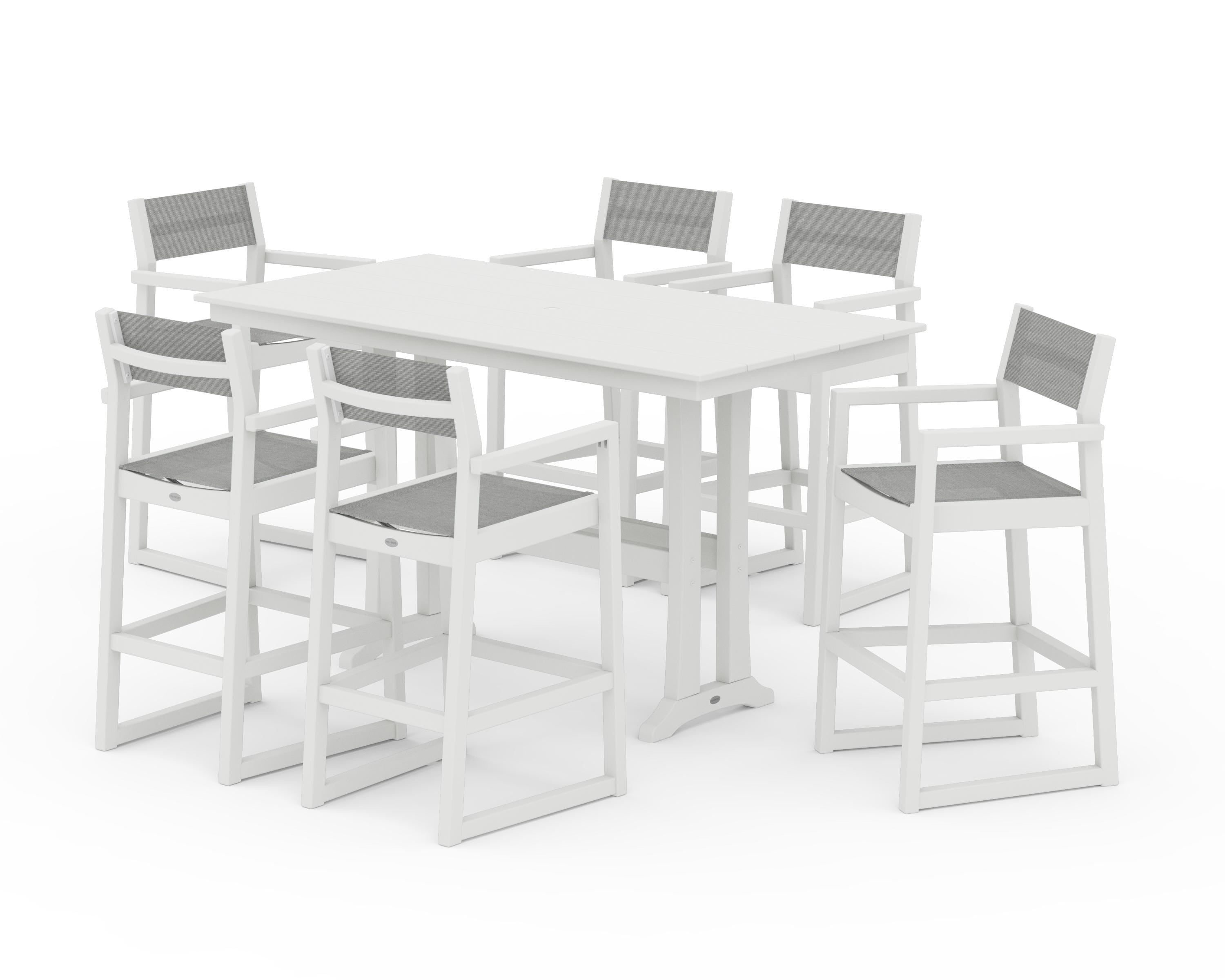 POLYWOOD EDGE Sling Arm Chair 7-Piece Farmhouse Bar Set with Trestle Legs in Vintage White / Metallic Sling