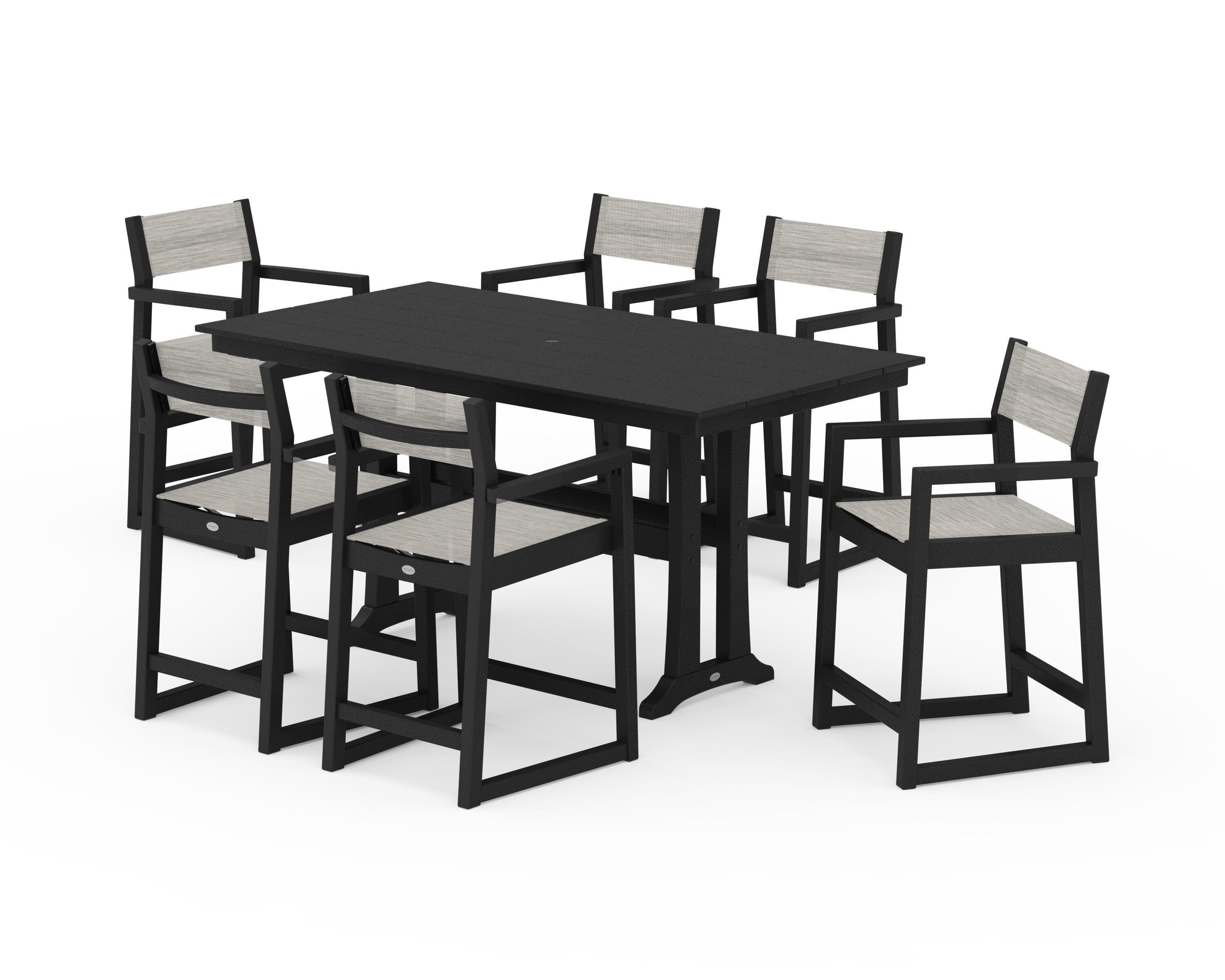 POLYWOOD EDGE Sling Arm Chair 7-Piece Farmhouse Counter Set with Trestle Legs in Black / Birch Sling