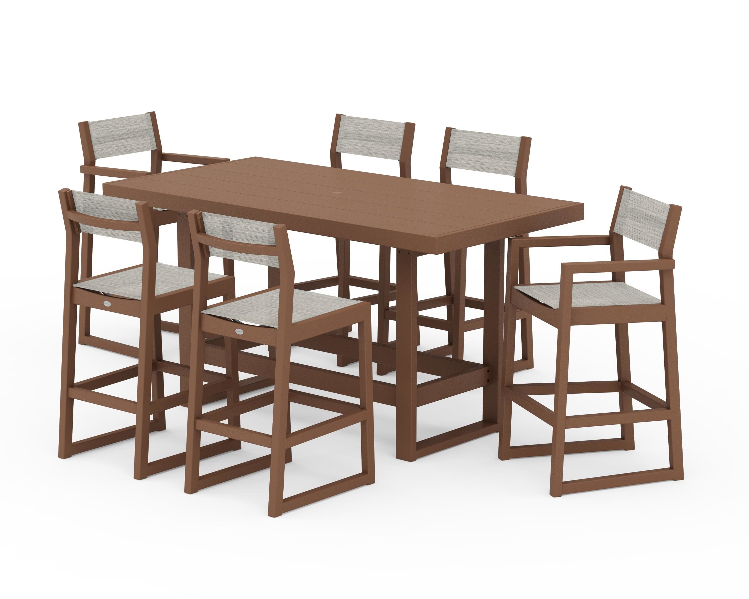 POLYWOOD EDGE Sling 7-Piece Bar Table Set in Teak / Birch Sling