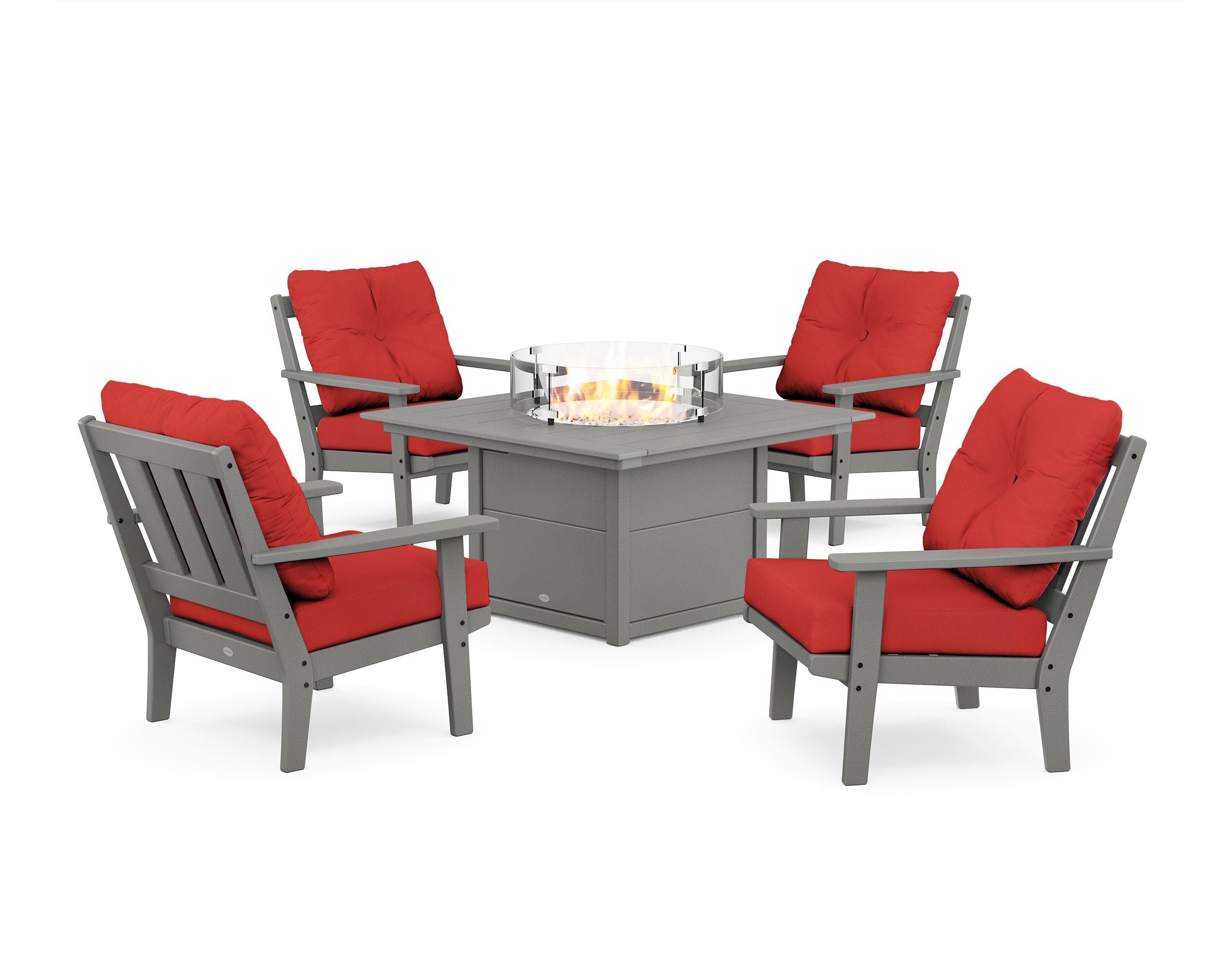 POLYWOOD Oxford 5-Piece Deep Seating Set with Fire Pit Table in Slate Grey / Crimson Linen