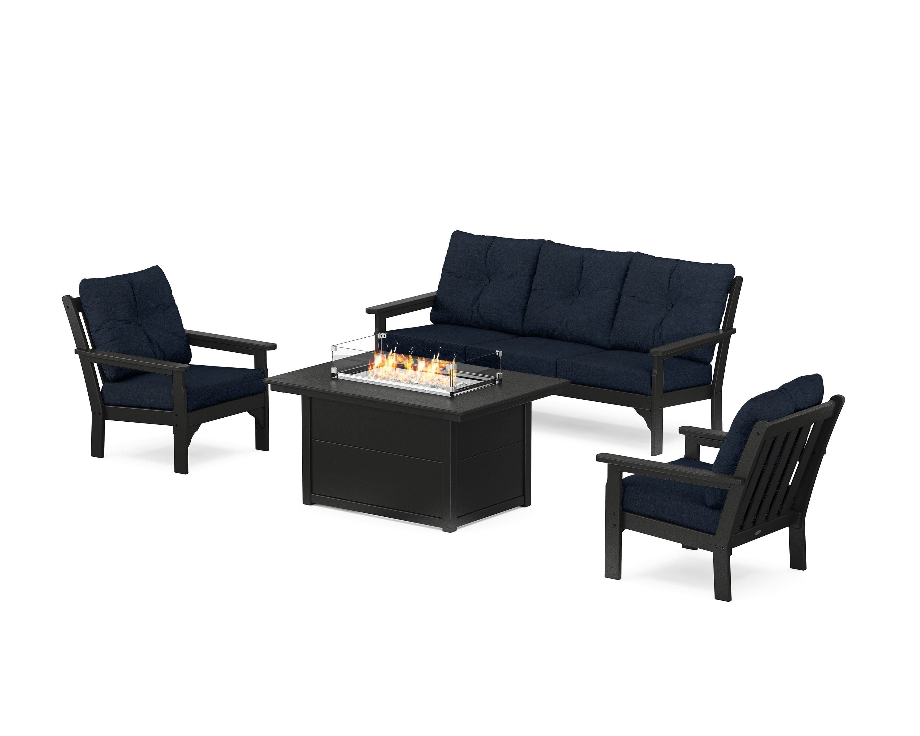 POLYWOOD Vineyard Deep Seating Fire Pit Table Set in Black / Marine Indigo