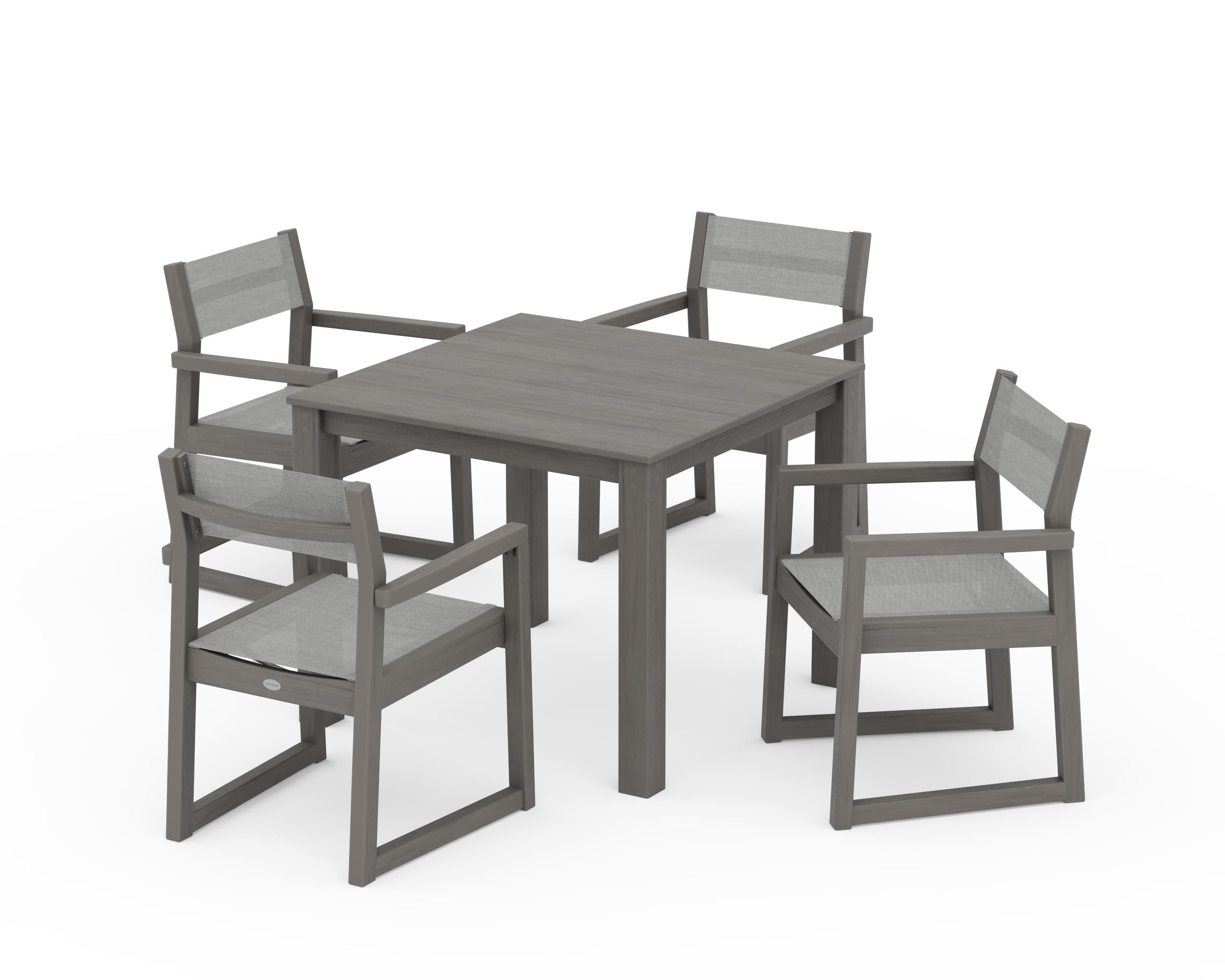 POLYWOOD EDGE Sling Arm Chair 5-Piece Parsons Dining Set in Driftwood / Metallic Sling