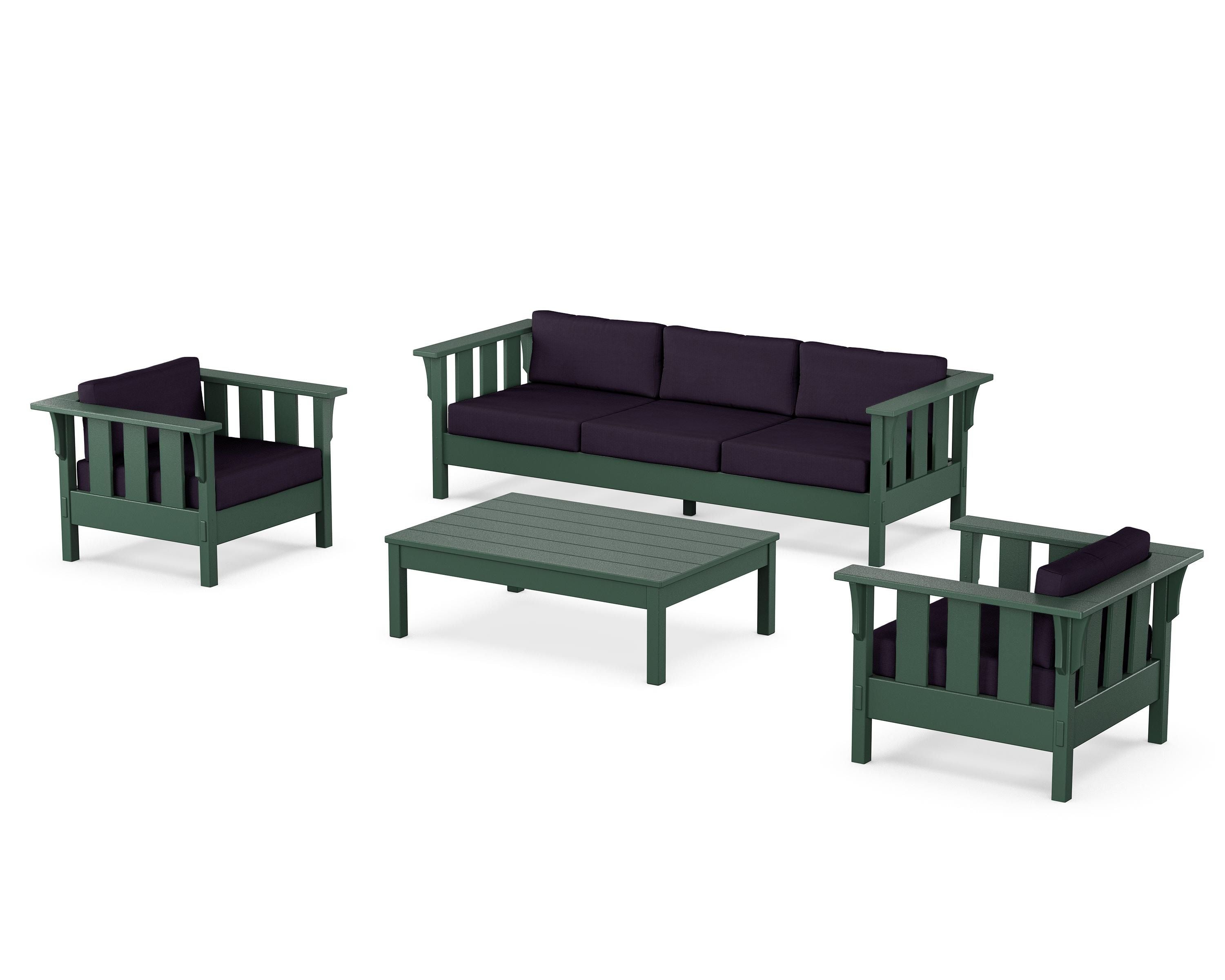 Martha Stewart by POLYWOOD Acadia 4-Piece Deep Seating Set with Sofa in Green / Navy Linen