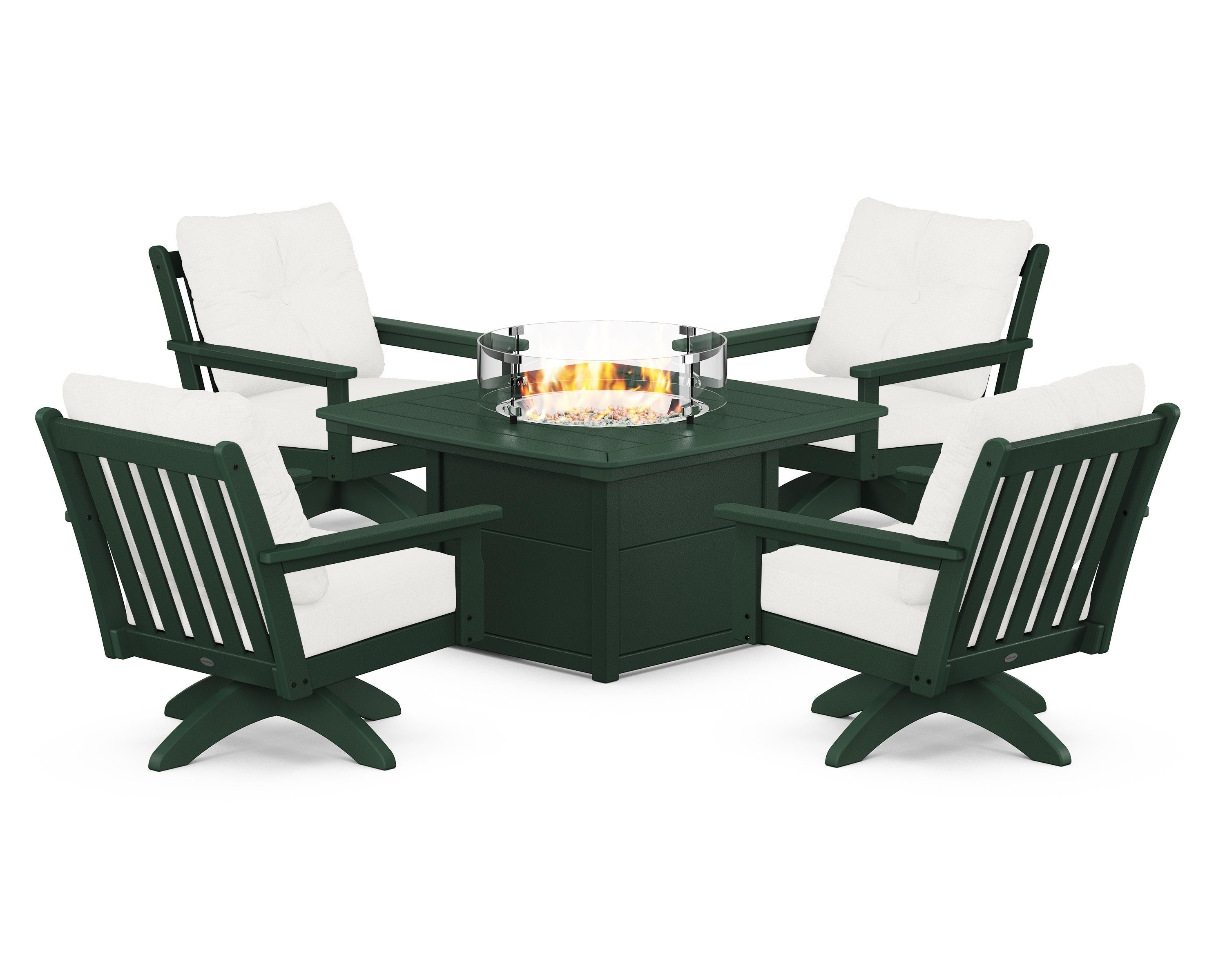 POLYWOOD Vineyard 5-Piece Deep Seating Swivel Conversation Set with Fire Pit Table in Green / Natural Linen