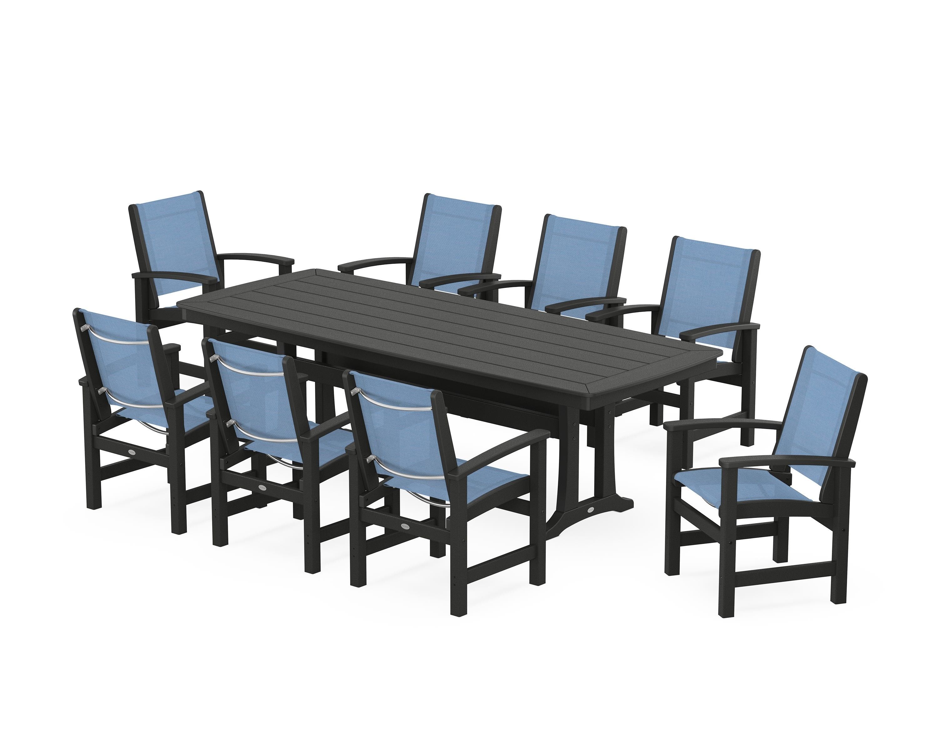 POLYWOOD Coastal 9-Piece Dining Set with Trestle Legs in Black / Poolside Sling