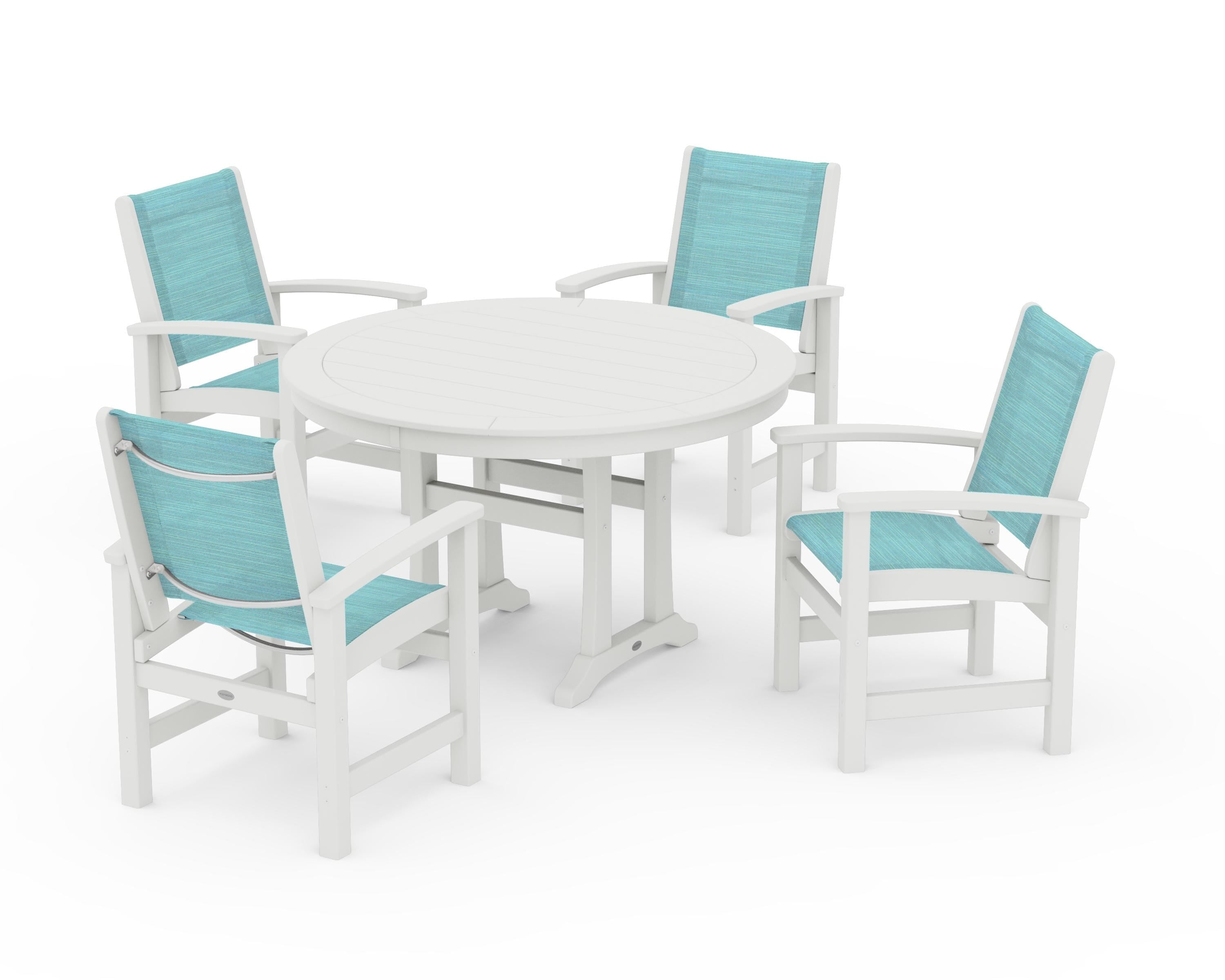 POLYWOOD Coastal 5-Piece Round Dining Set with Trestle Legs in Vintage White / Dupioni Aquamarine Sling
