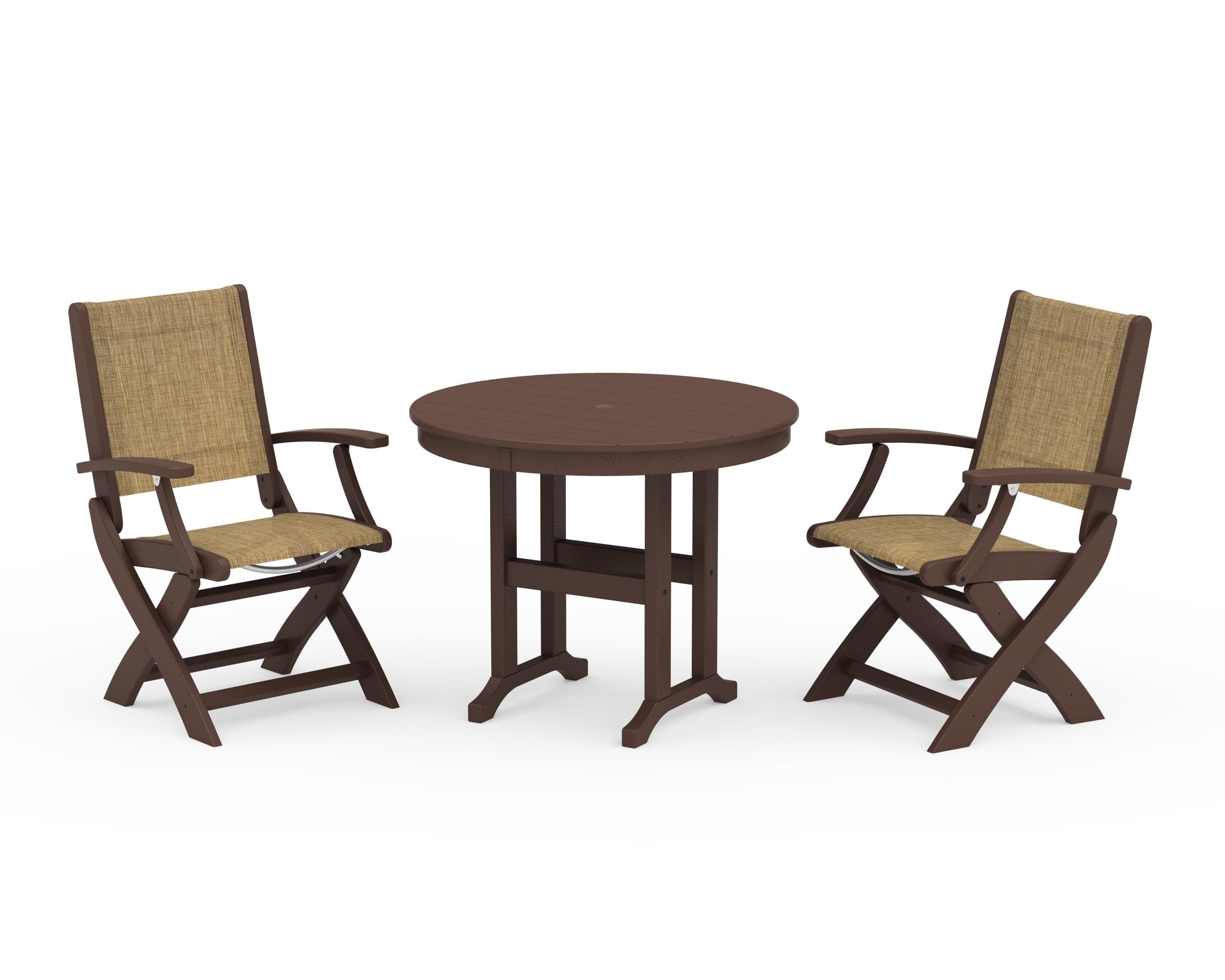 POLYWOOD Coastal Folding Chair 3-Piece Round Dining Set in Mahogany / Burlap Sling