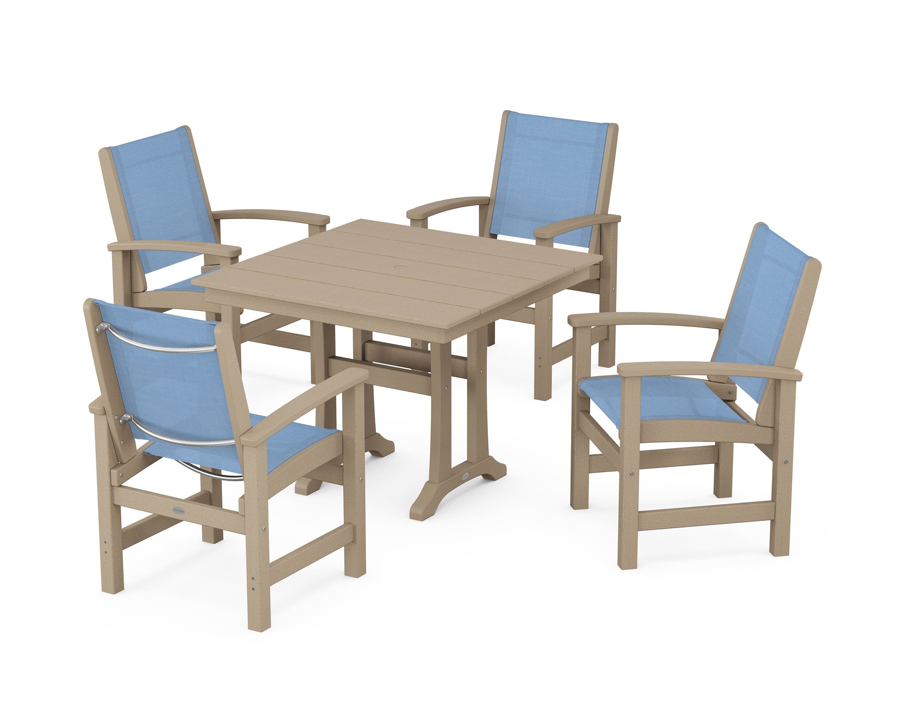 POLYWOOD Coastal 5-Piece Farmhouse Dining Set With Trestle Legs in Vintage Sahara / Poolside Sling